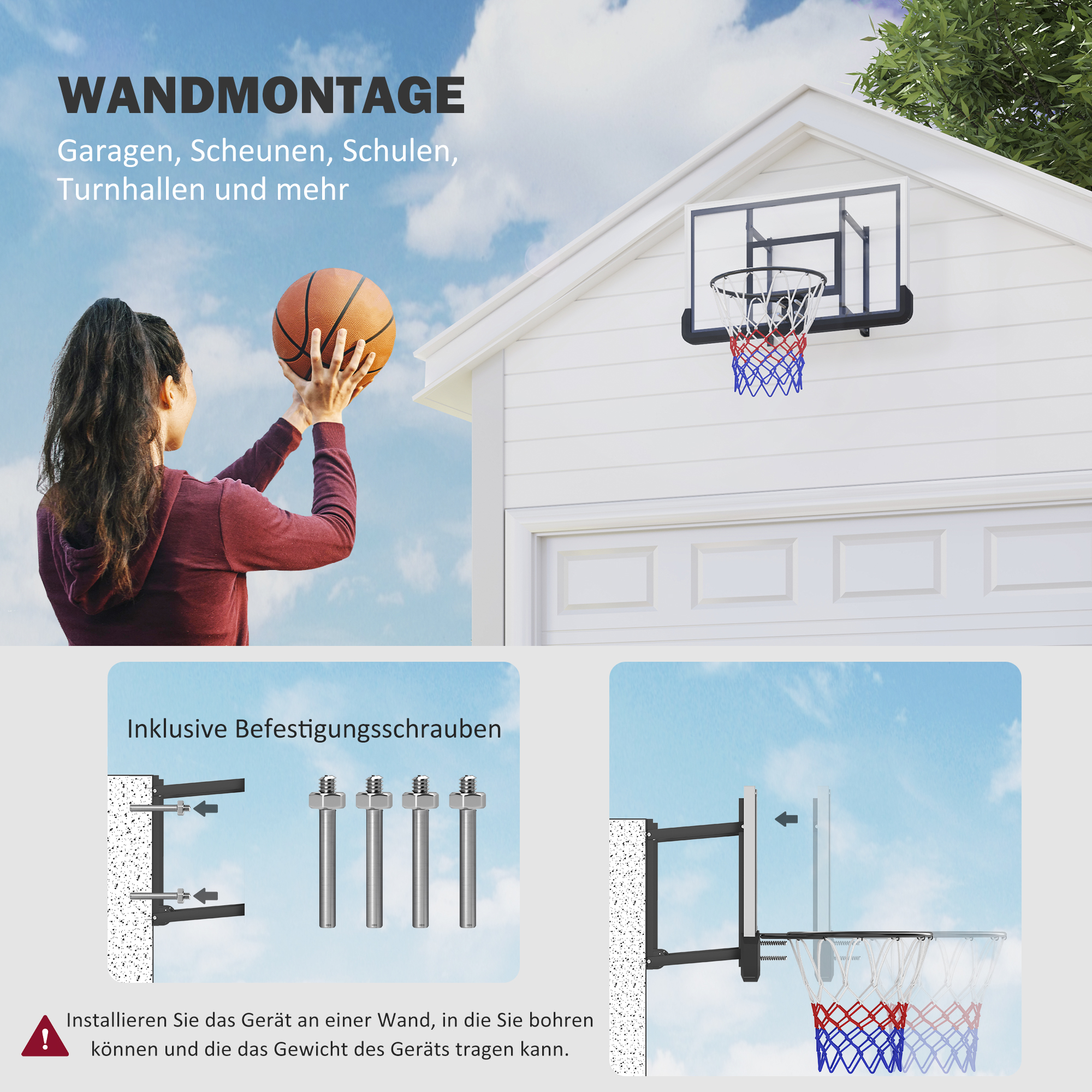 Basketballkorb für Wandmontage, gefederter Korb, bruchsichere Rückwand, Schwarz