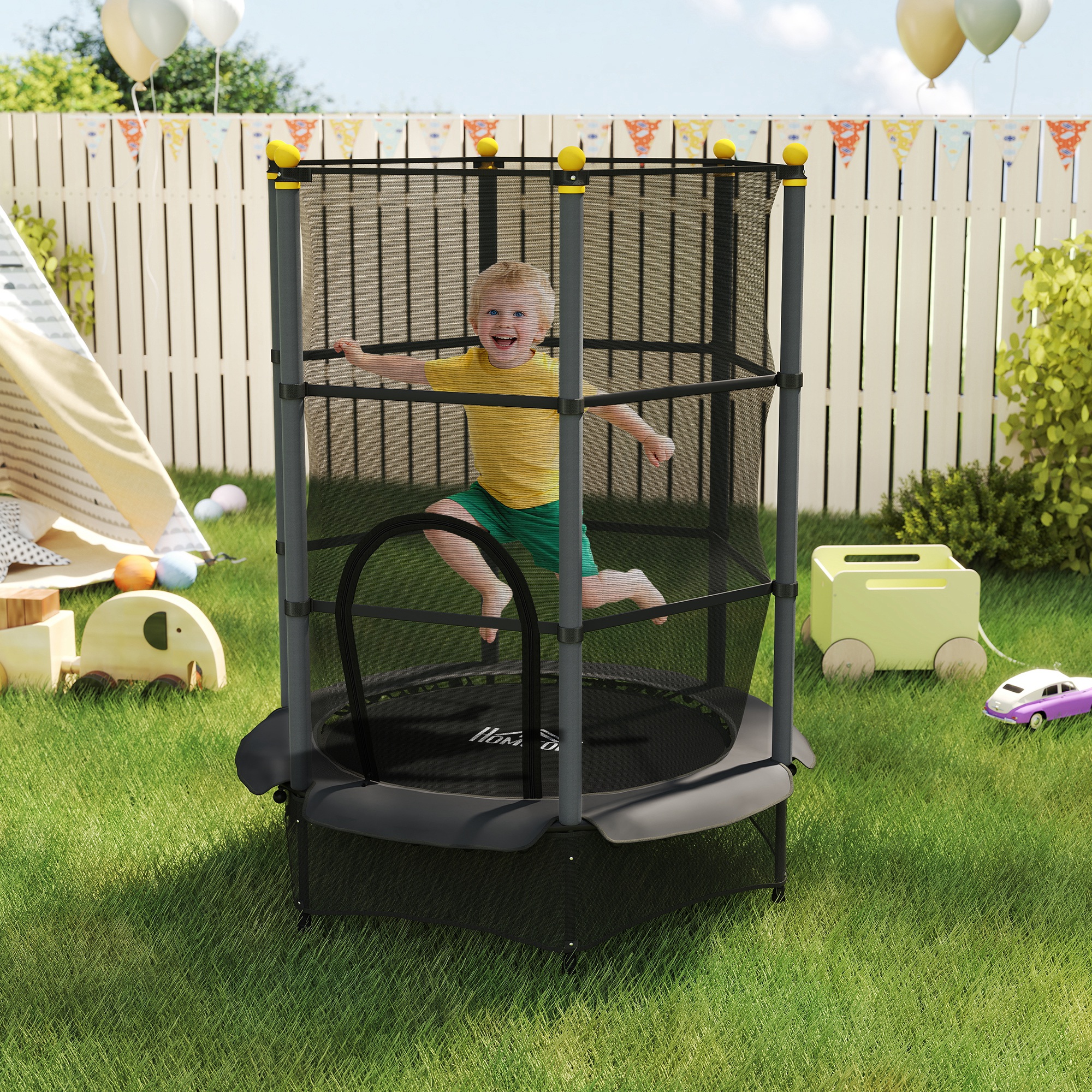 Trampolin für Kinder, Ø140 cm, mit Sicherheitsnetz, für innen und außen, Stahl, Kunststoff, belastbar bis 50 kg, Schwarz