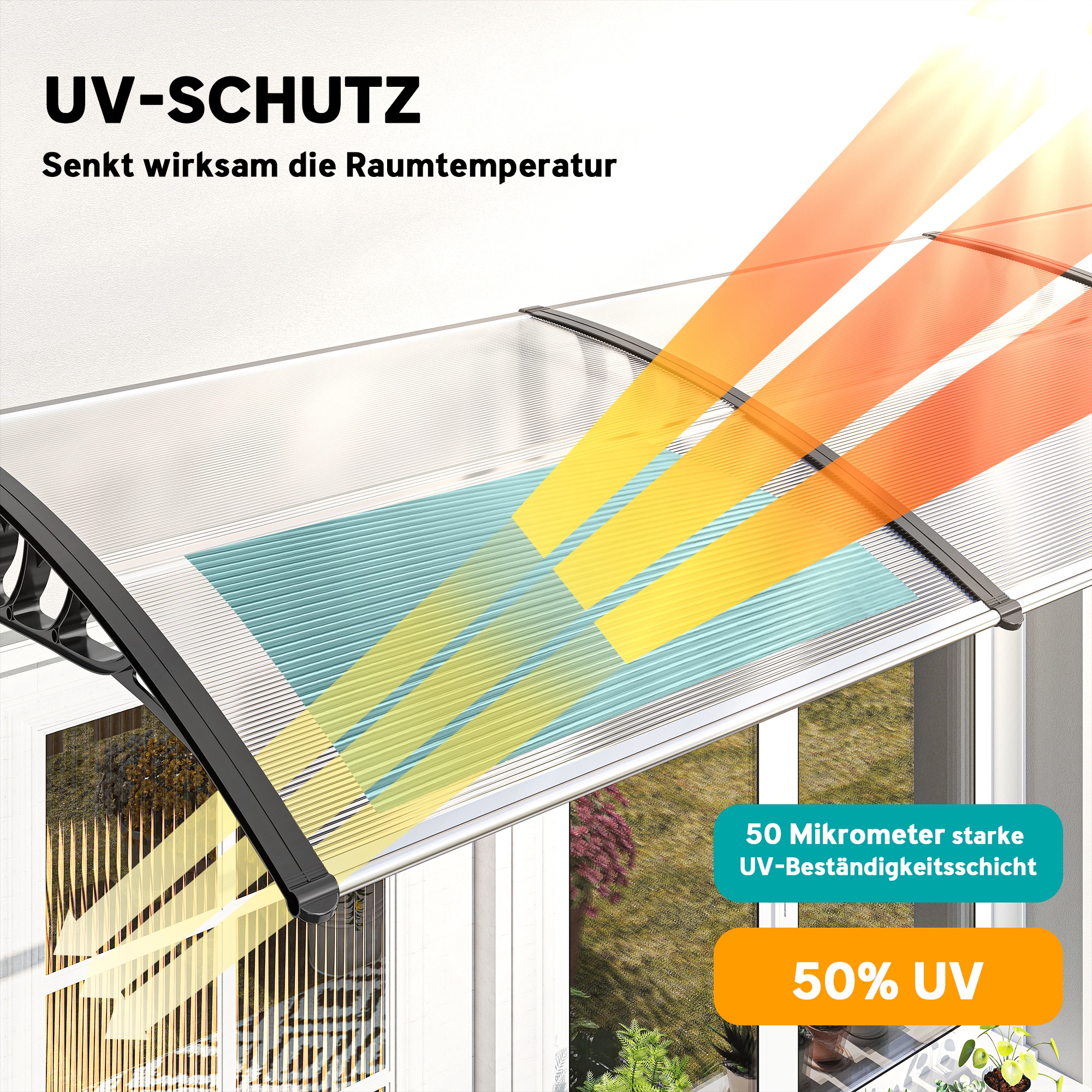 Vordach Schutzdach, Sonnen- und Regenschutz, inkl. Wandhalterung, 295x90 cm, Weiß