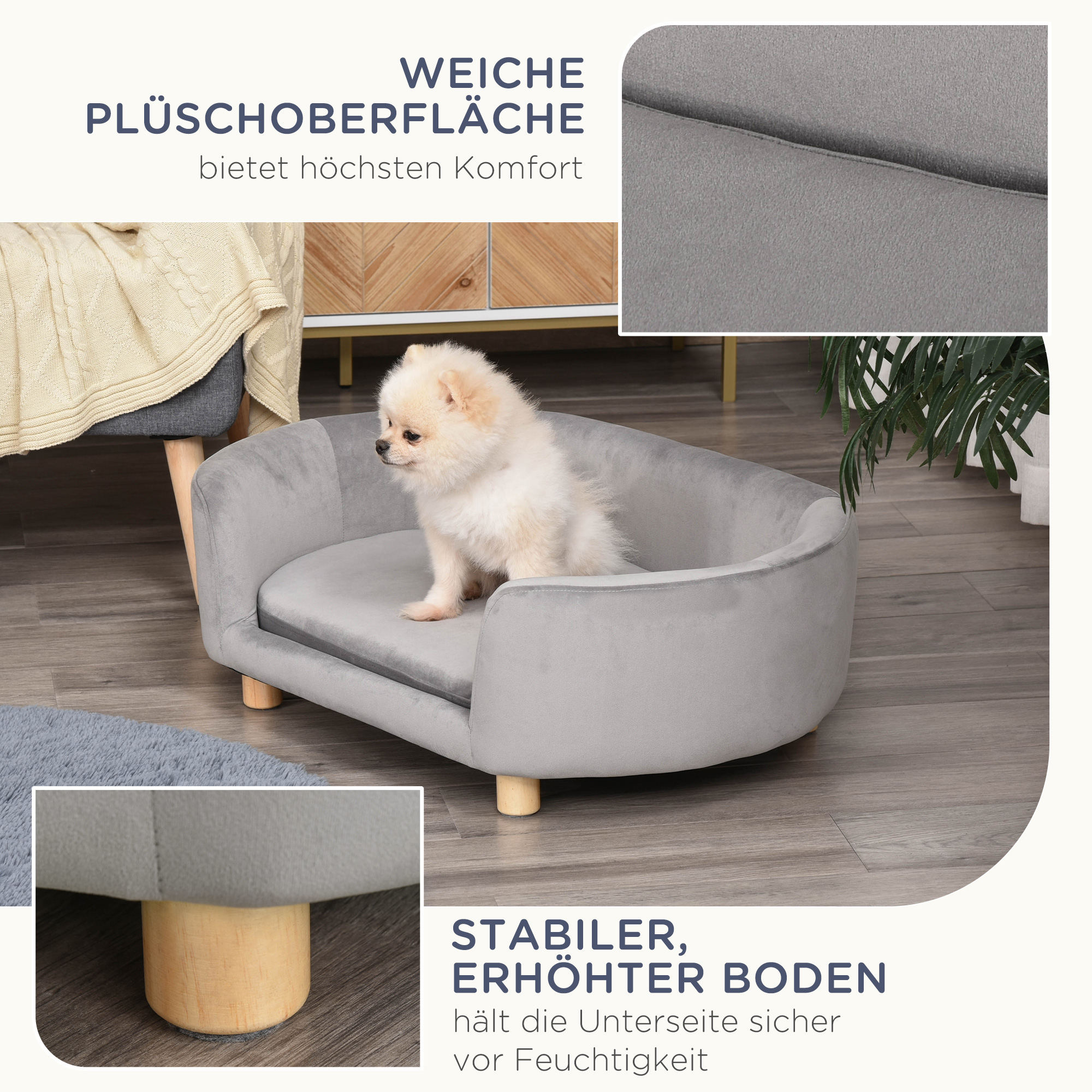 Haustiersofa Hundesofa Hundebett mit Holländischer Samt Schaumstoff Birke Bein für Katzen Hunde  86 x 55 x 33 cm Hellgrau