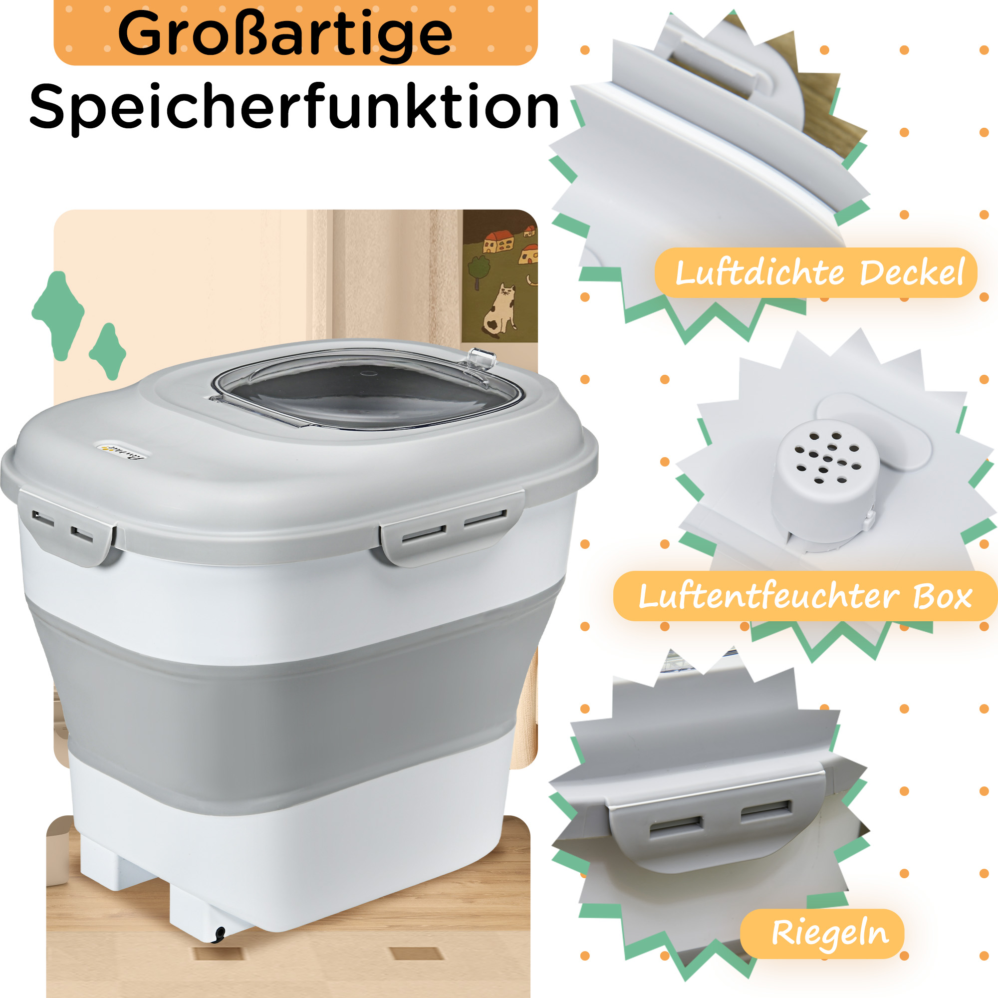 Trockenfutter-Behälter, faltbar, bis 25 kg, mit Zubehör, 44x32x37cm, Grau