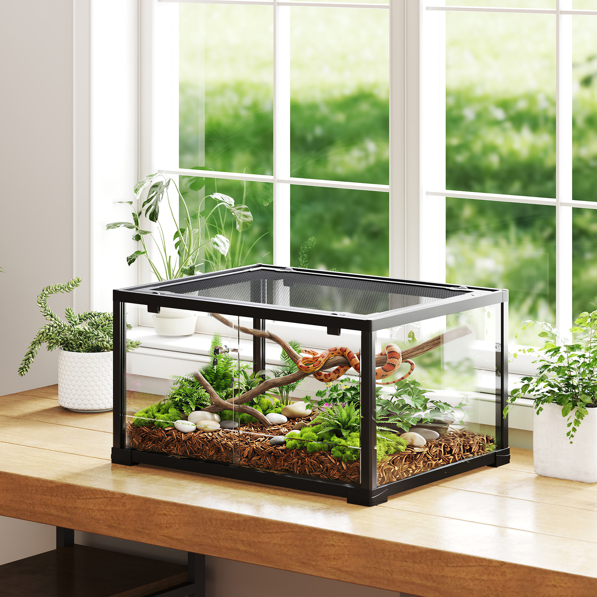 Reptilien-Terrarium, 86 Liter Vivarium mit Schiebetür, verschließbar, für Echsen, Insekten, Spinnen, Geckos, 60 x 45 x 32 cm, Schwarz