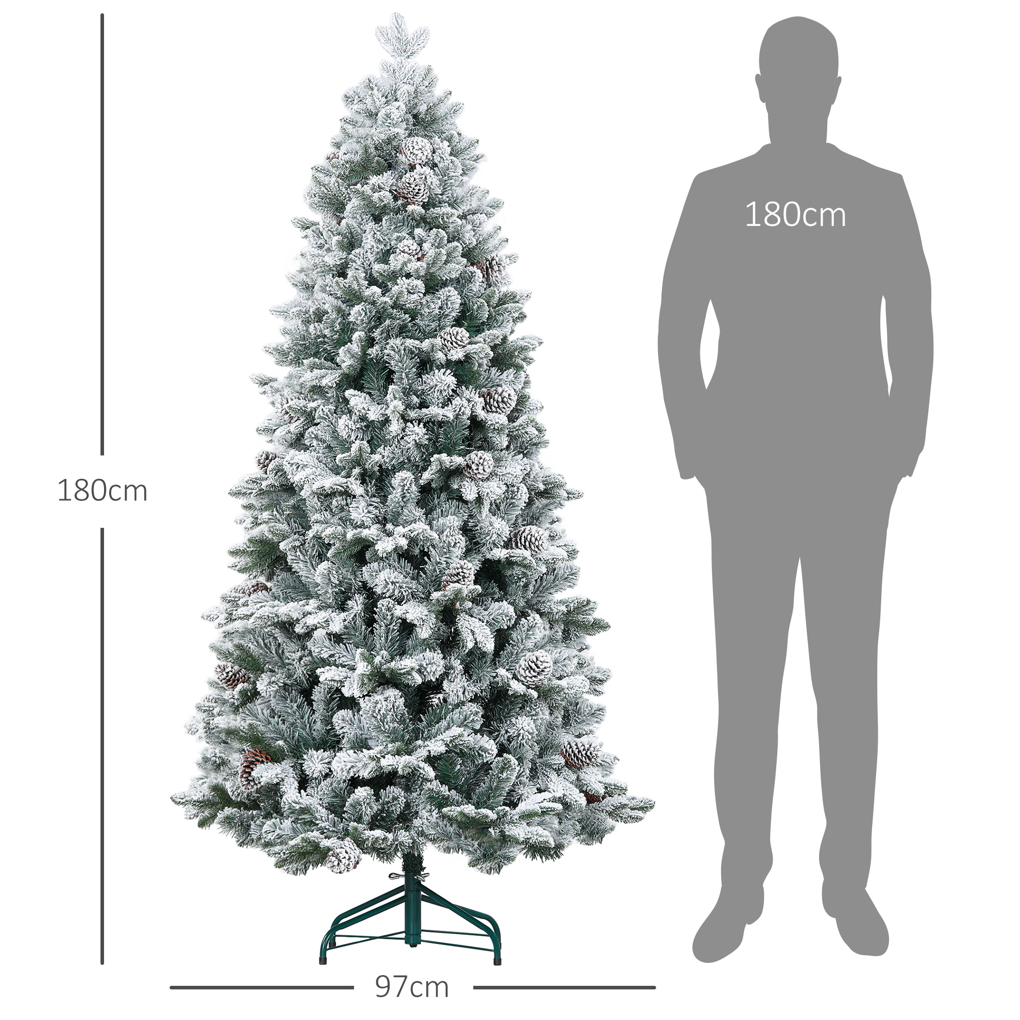 Künstlicher Weihnachtsbaum, Kunstschnee & Tannenzapfen, realistisch, flammhemmend, Metallfuß, 183 cm, Grün
