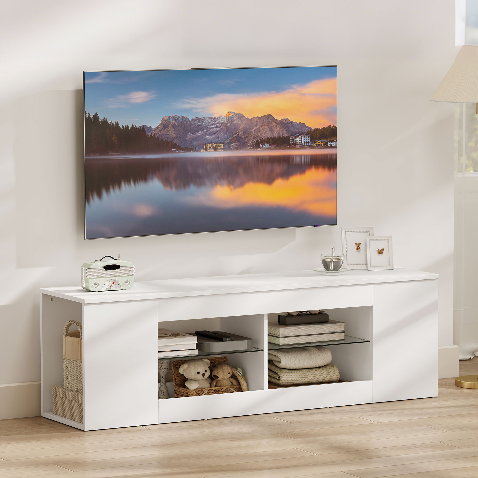 140 cm TV-Ständer, Fernseh-Kommode, 6 Fächer, 2 Glasregale, Spanplatte, Weiß