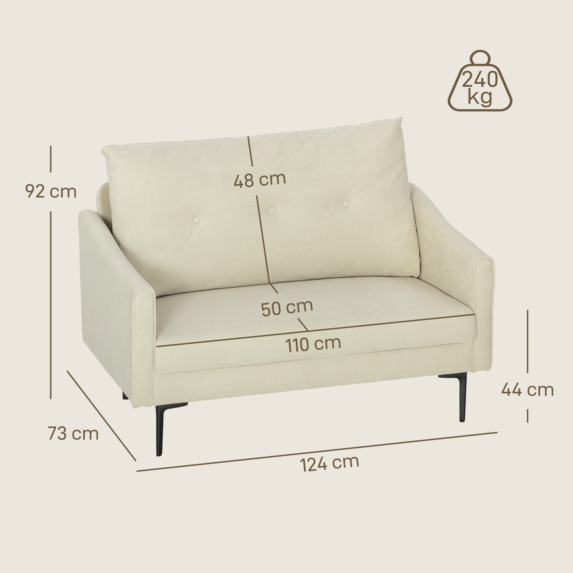 2-Sitzer-Sofa mit Schaumstoff-Polsterung und Stoffbezug, für Wohnzimmer, Schlafzimmer, Metallrahmen, Cremeweiß