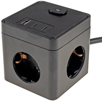 Steckdosen-Würfel mit USB-Ladebuchsen / USB-A /USB-C,3-fach, 1,5m Kabel, schwarz