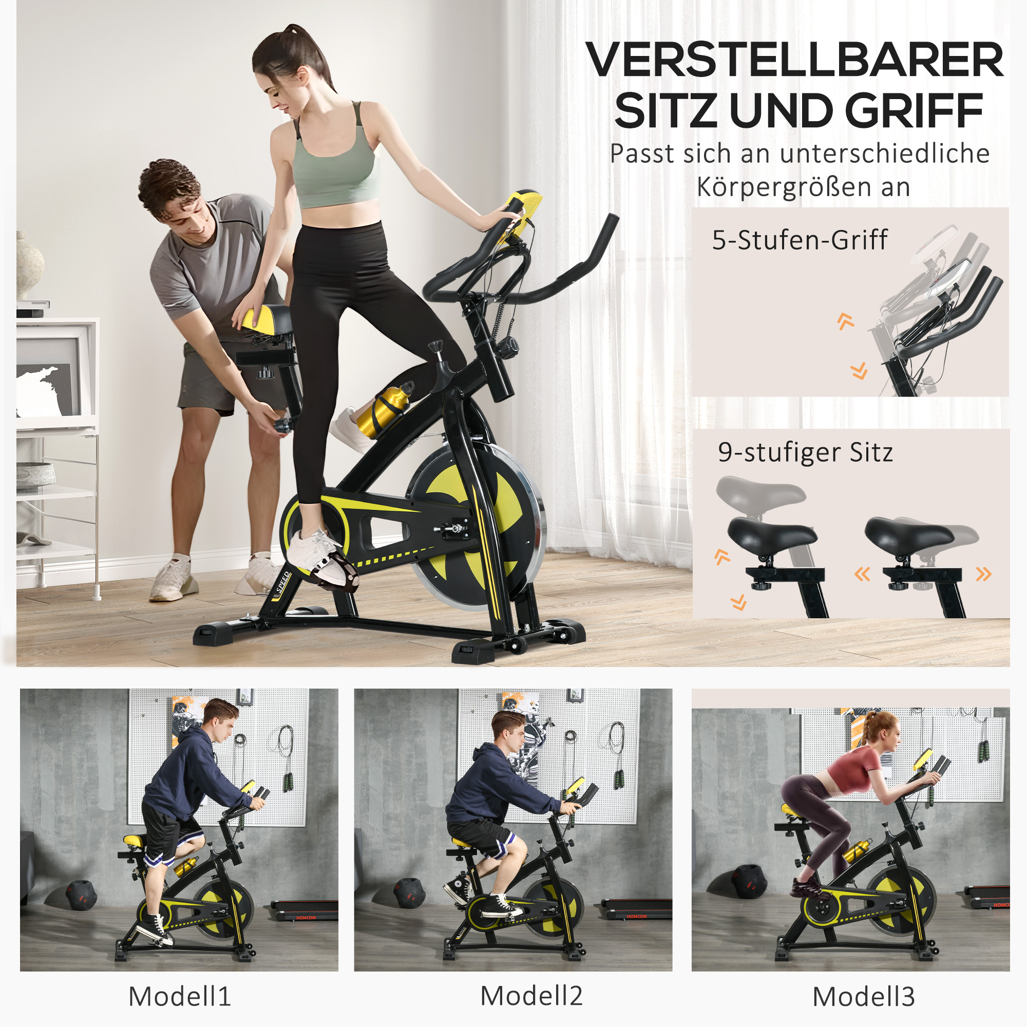 Heimtrainer, leise, anpassbarer Widerstand, Pulssensor, Monitor, Gelb