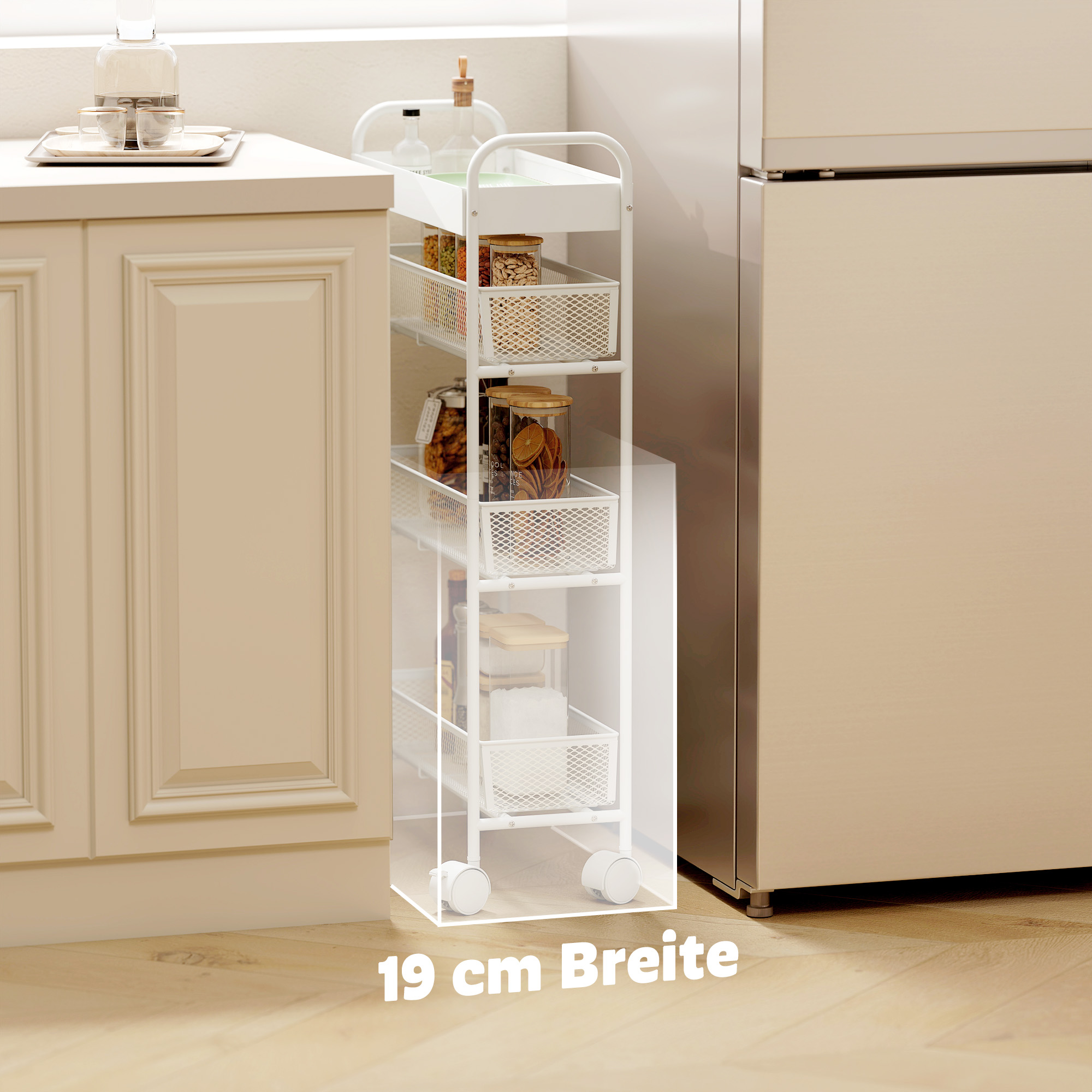 Küchenwagen aus Metall, 3 Körbe, schmales Design, 4 Räder, für Küche, Wohnzimmer, Badezimmer, Weiß