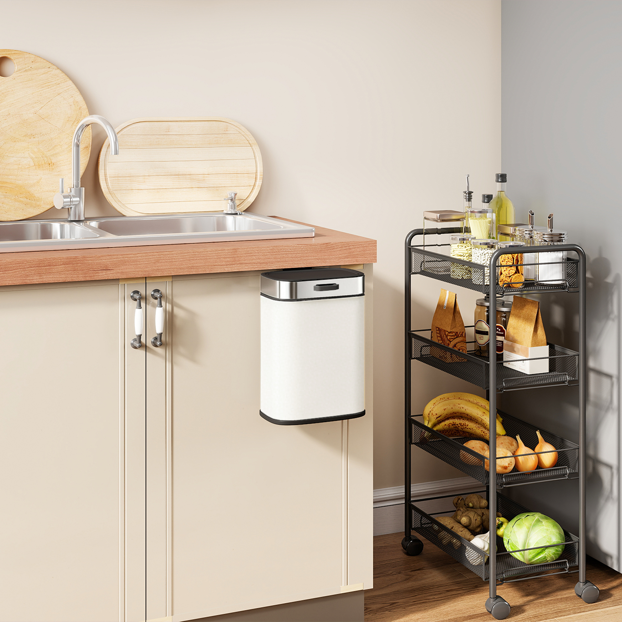 5L Mülleimer, freistehend oder hängend platzierbar, Edelstahl, Cremeweiß