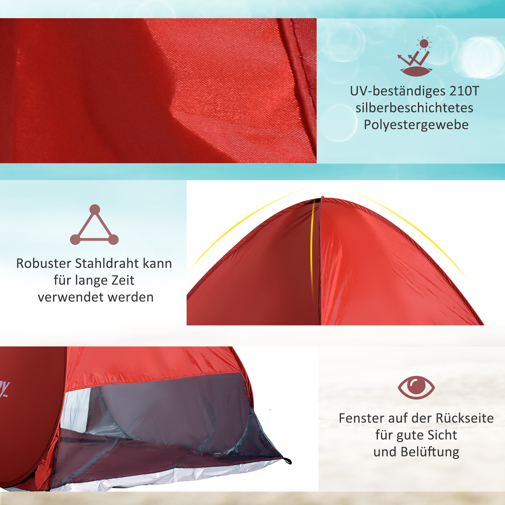 Pop-up-Zelt, Strandzelt, Campingzelt, Polyester, 200 x 150 x 119 cm, Rot