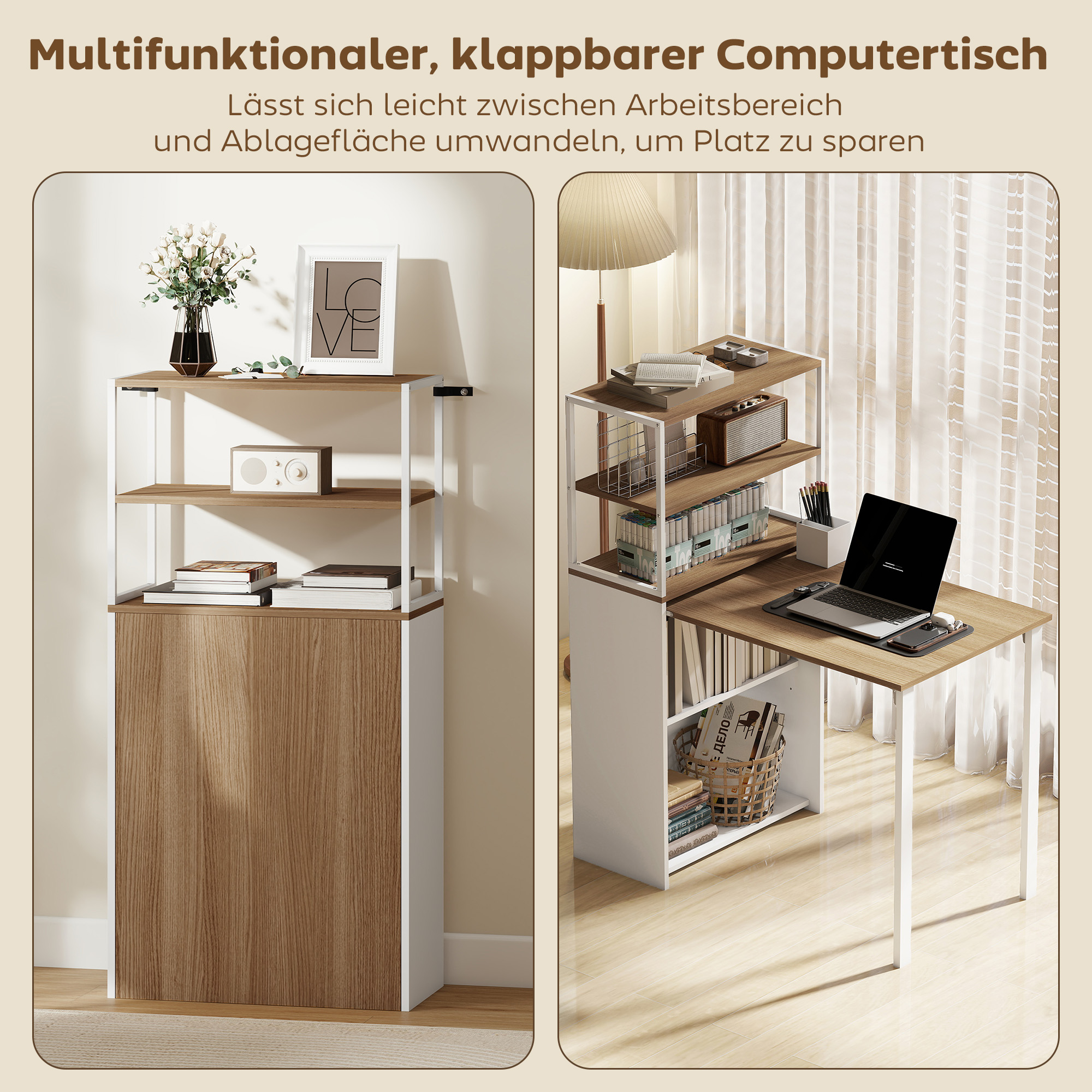 Schreibtisch Klappbar Küchentisch mit 4 Regal Computertisch Arbeitstisch Laptoptisch 105 x 60 x 127 cm Naturholz