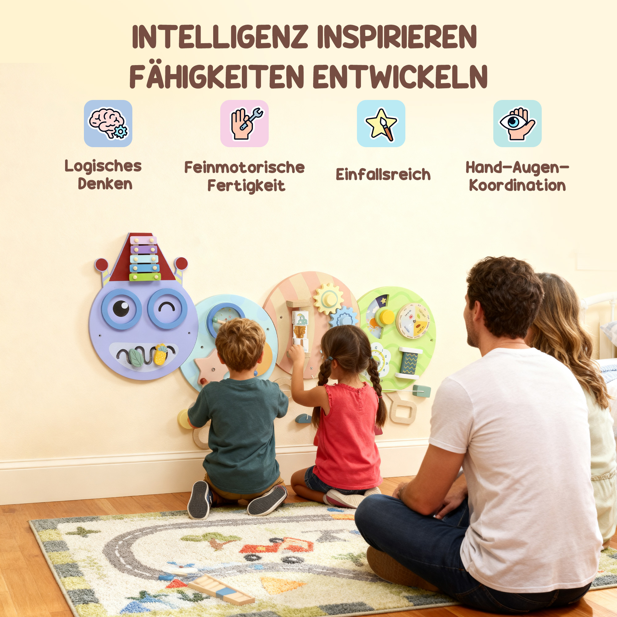 7-in-1 Wandspielzeug, Xylophon, Zahnräder, Raupen-Design, MDF, 108 cm, Bunt