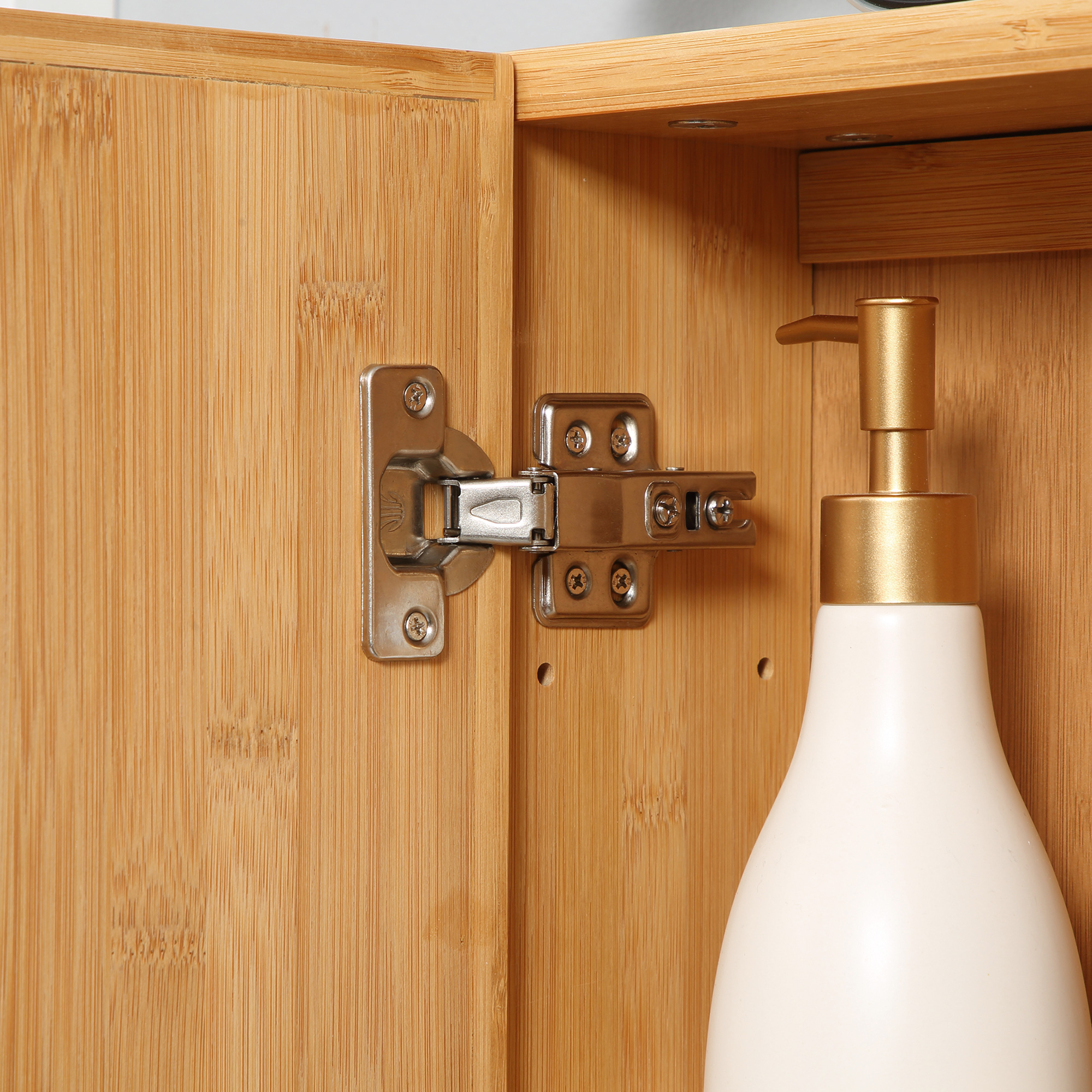 Badschrank mit Spiegeltüren, mehrere Innenfächer, robustes Gehäuse aus Bambusholz, 65,2 x 14 x 50 cm