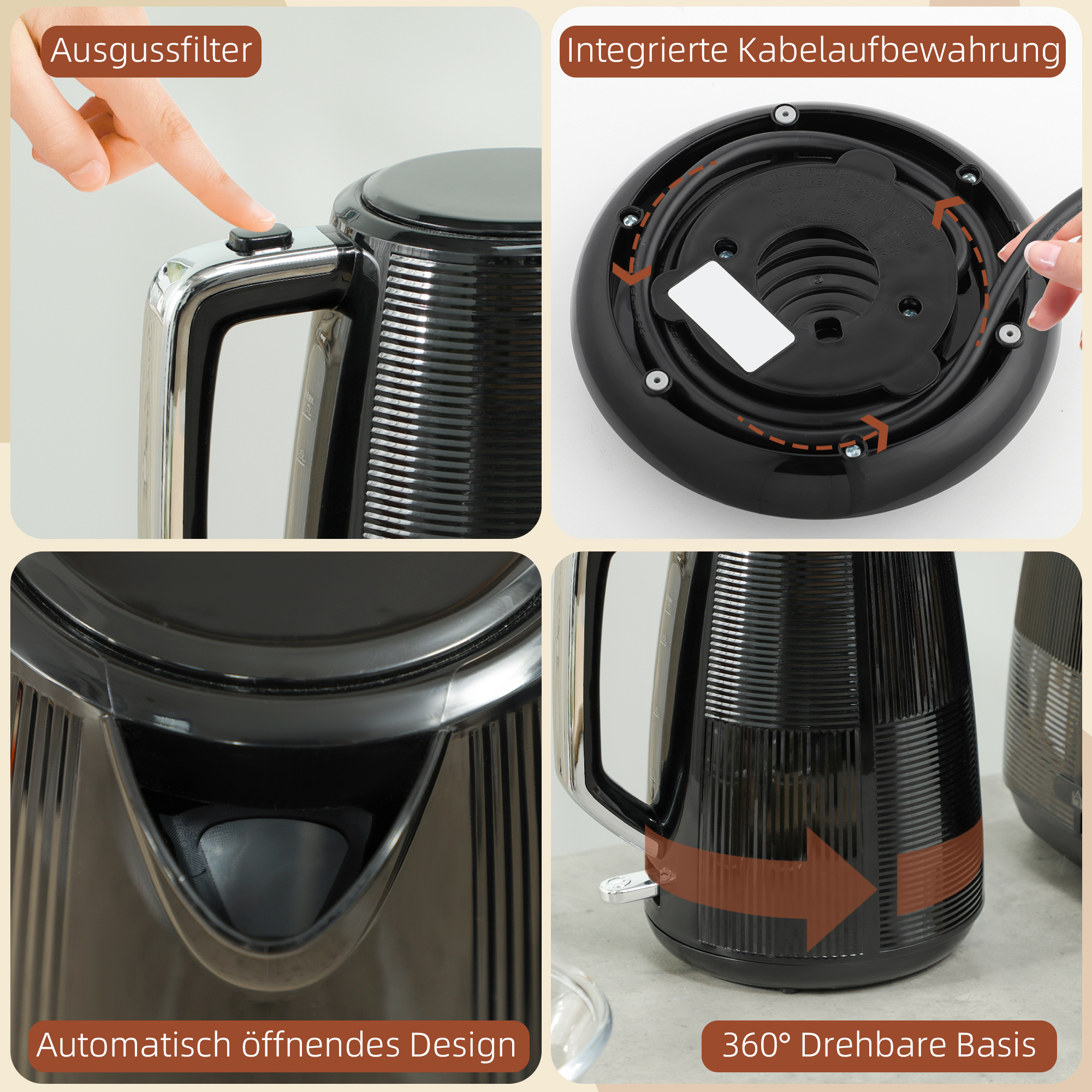 Wasserkocher- und Toaster-Set, 1,7 L, verschiedene Funktionen, Edelstahl, Schwarz