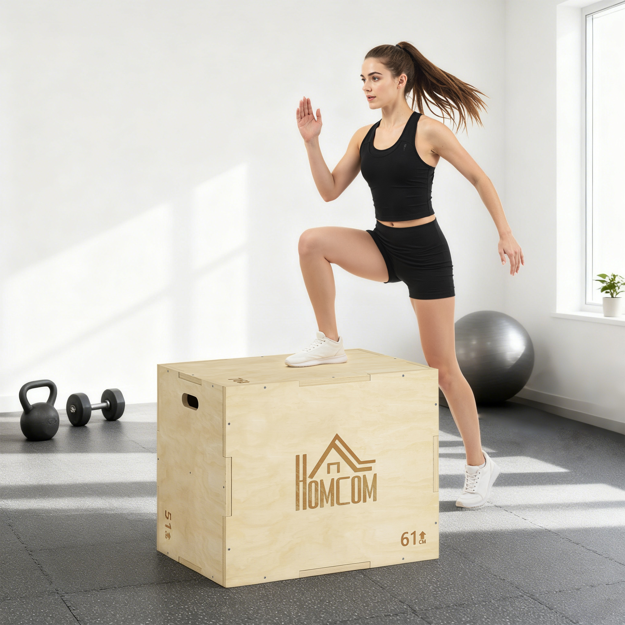 3-in-1 Plyo Box Holz Plyometrische Sprungbox mit 3 Sprunghöhen Griffen 61 x 51 x 76 cm Naturholz