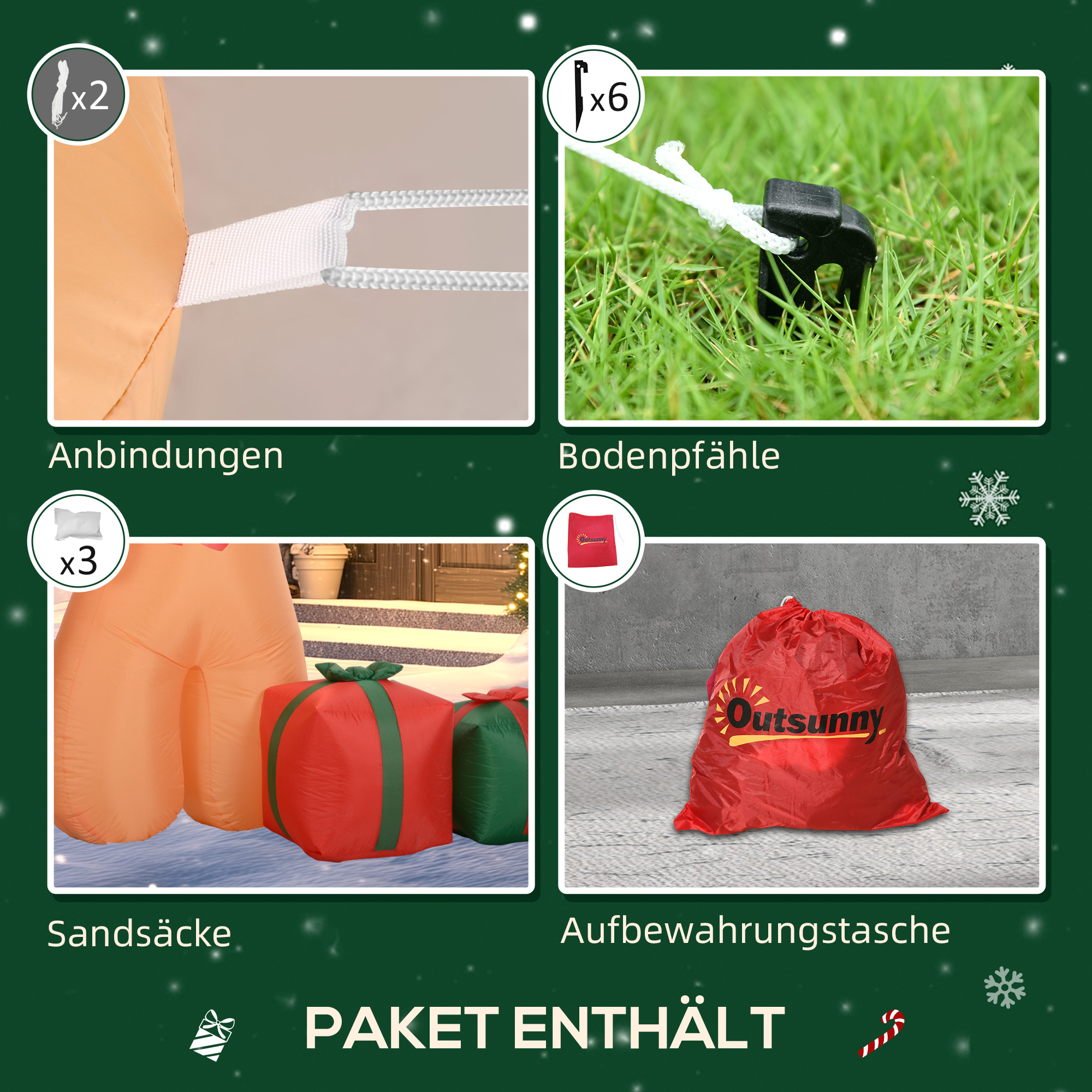 Lebkuchenmann mit Zuckerstange, 2,45 m groß, aufblasbar, weiße LED-Beleuchtung, 170 x 100 x 245 cm