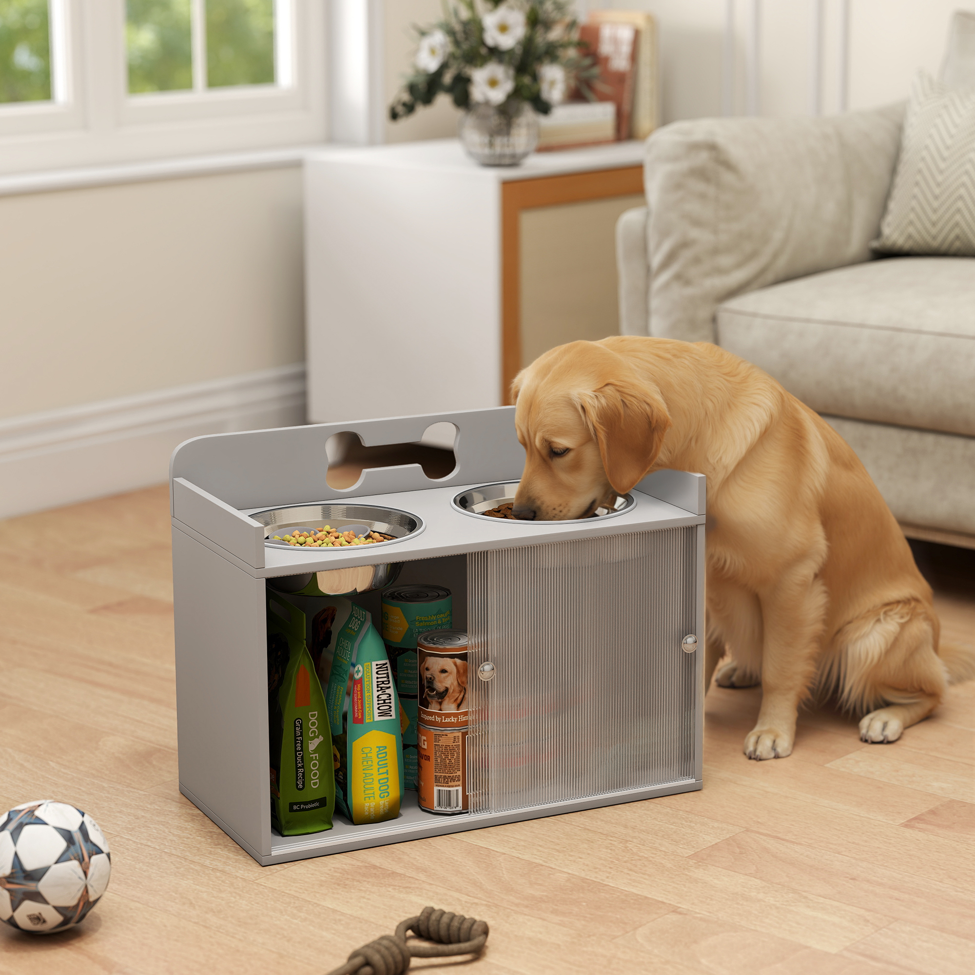 Erhöhte Futterstation mit 2 Näpfen und Schrank, MDF, Edelstahl, Knochenmuster, Grau