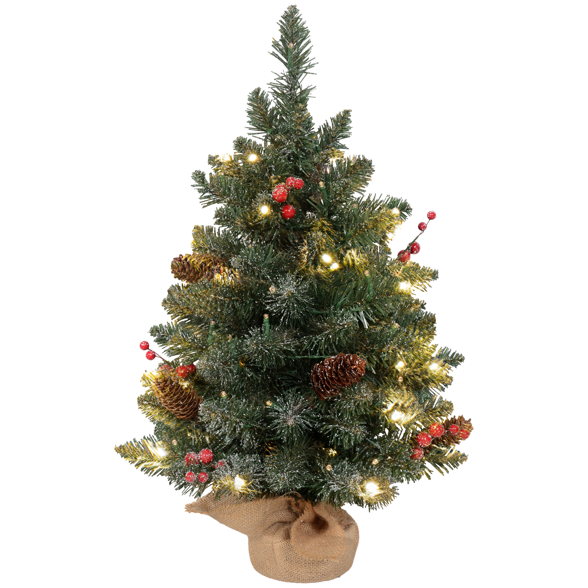Weihnachtsbaum mit LED-Beleuchtung, 60 cm, Tannenzapfen und rote Beeren, inkl, Ständer, Grün/Weiß