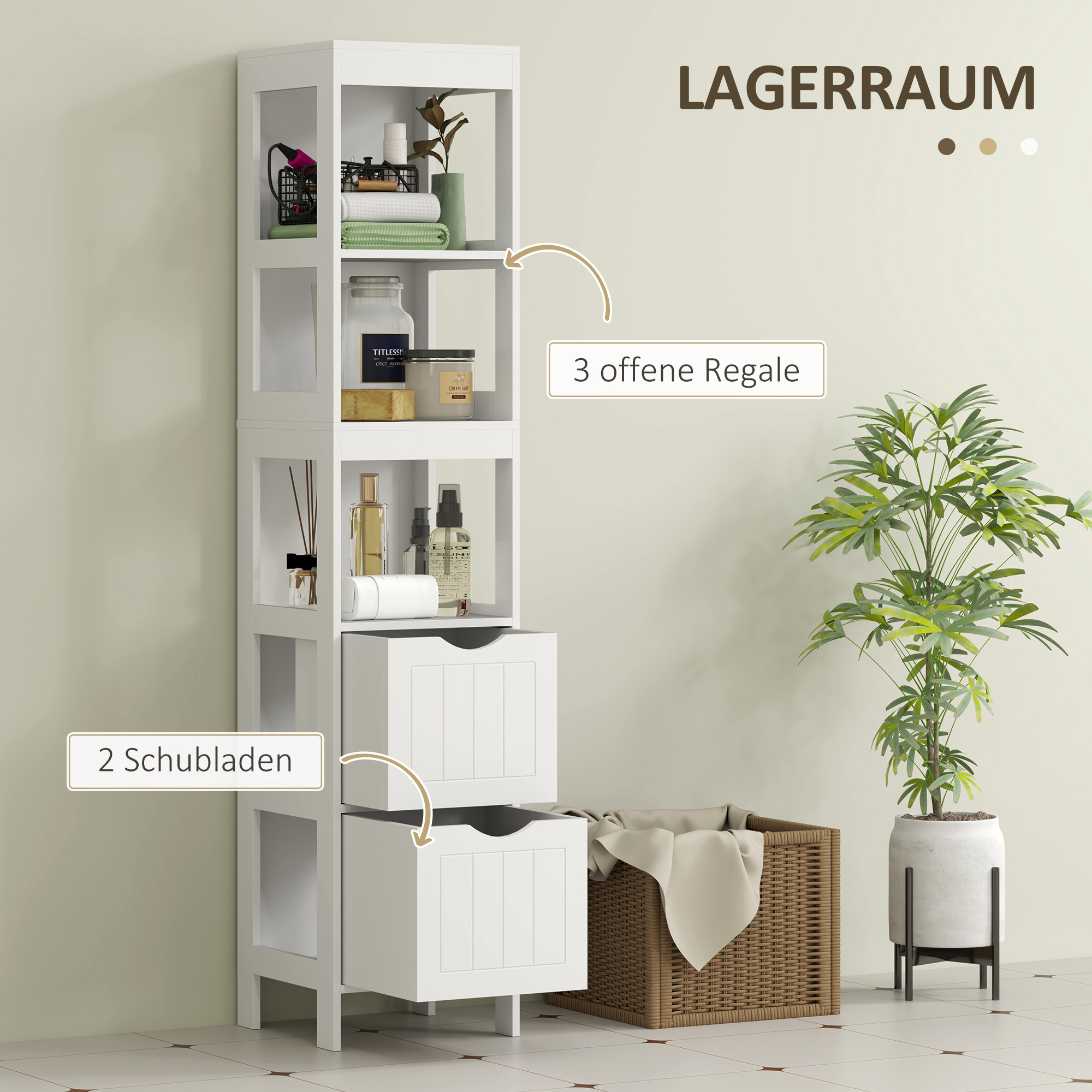 Badezimmerschrank, Kompaktes Badezimmerregal mit 2 Schubladen und 3 offenen Fächern, Freistehendes Badregal, MDF, Weiß