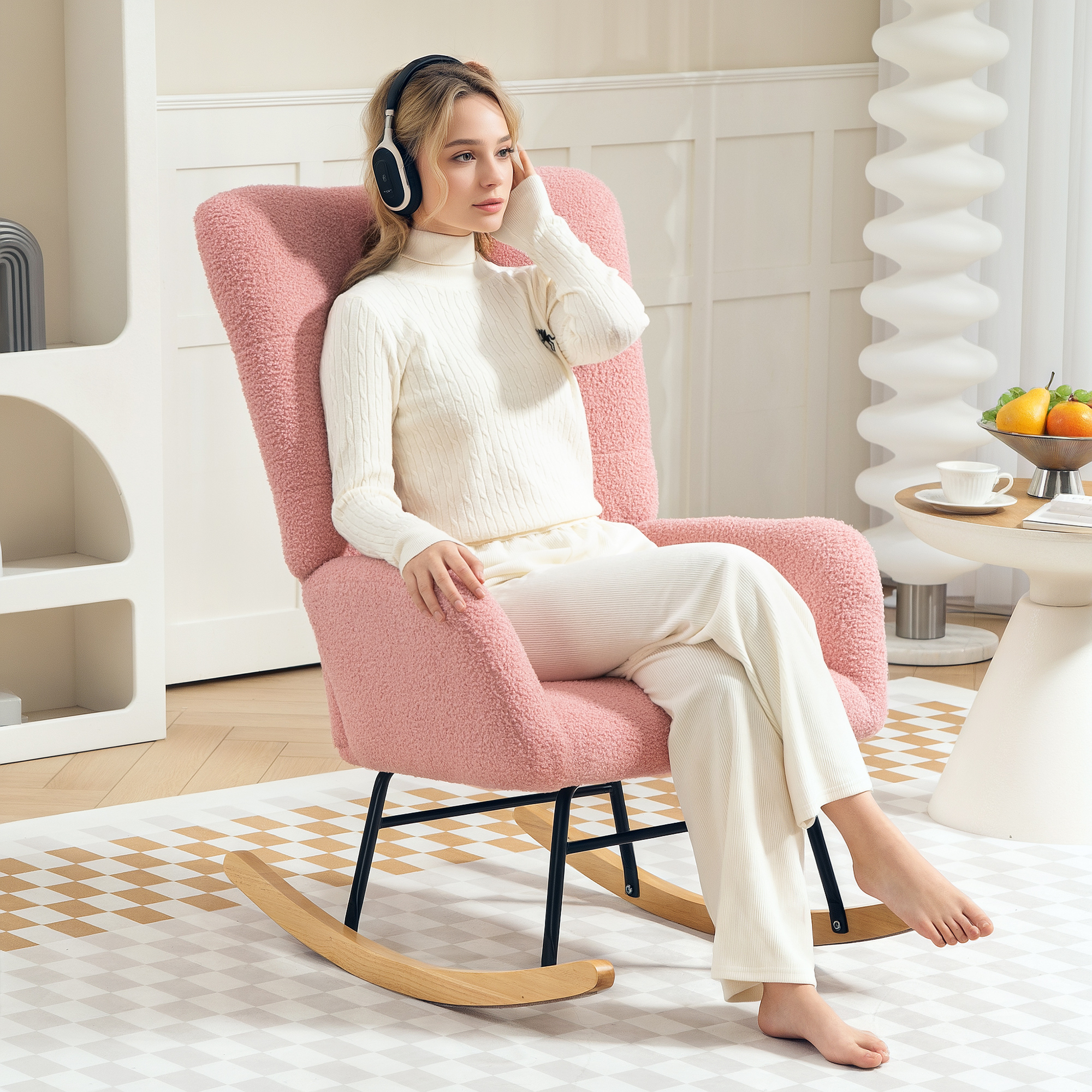 Schaukelstuhl, kuscheliger Bezug, dicke Polsterung, rutschfest, Rosa