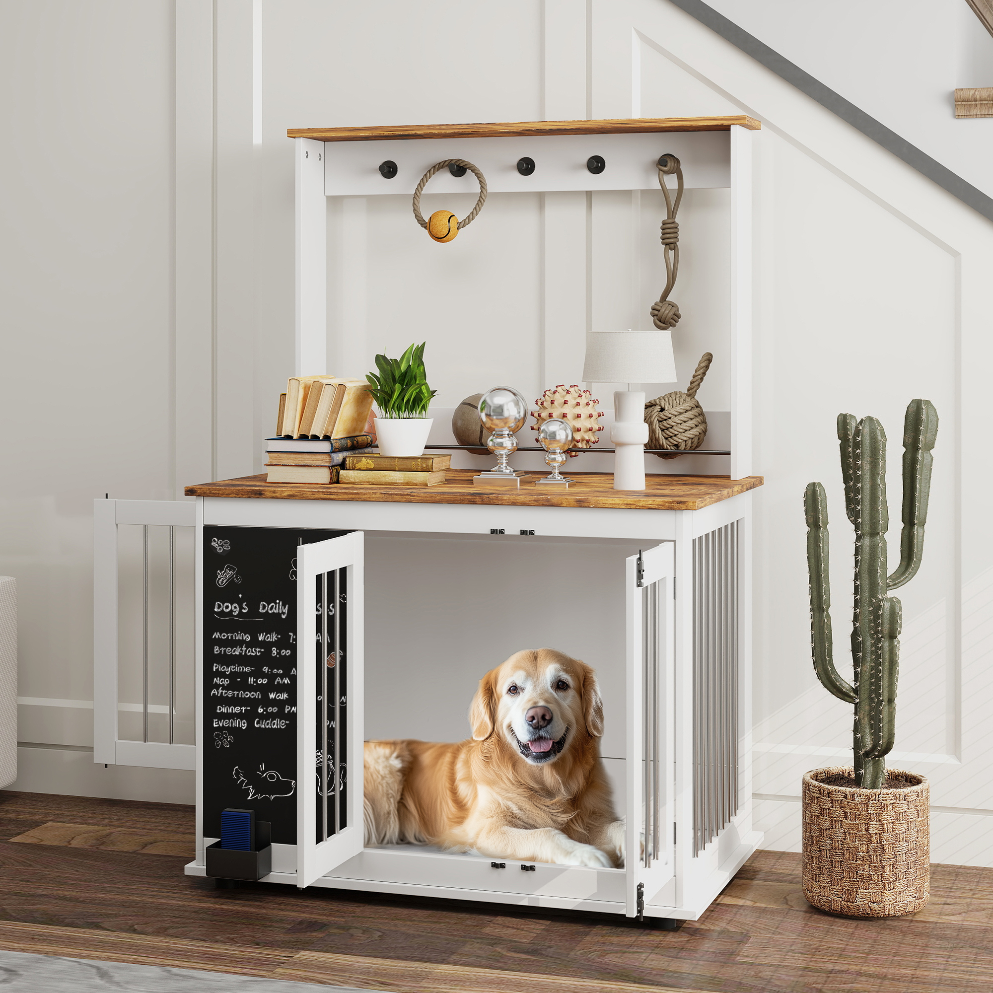 Hundebox mit Aufbewahrungsregal für Spielzeug, Haken für Leinen, Schreibtafel, Radiergummi, für große Hunde, Weiß