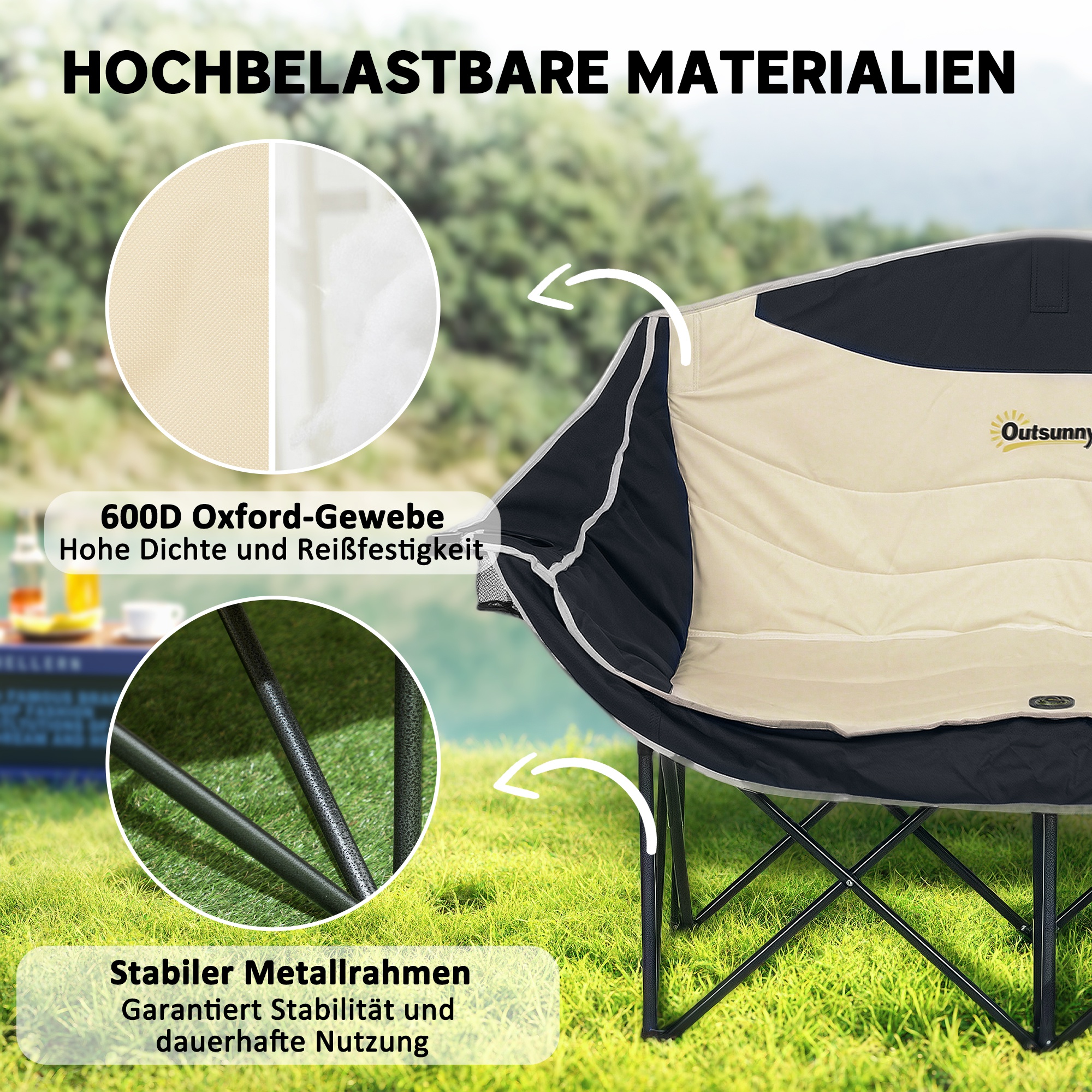Faltstuhl faltbar 2 Sitzer Campingstuhl mit Getränkehalter Tragetasche bis 250kg belastbar Khaki
