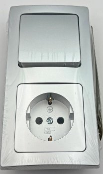 DELPHI Set Steckdose + Schalter + Rahmen - 250V~/ 16A, Steckanschluss, silber