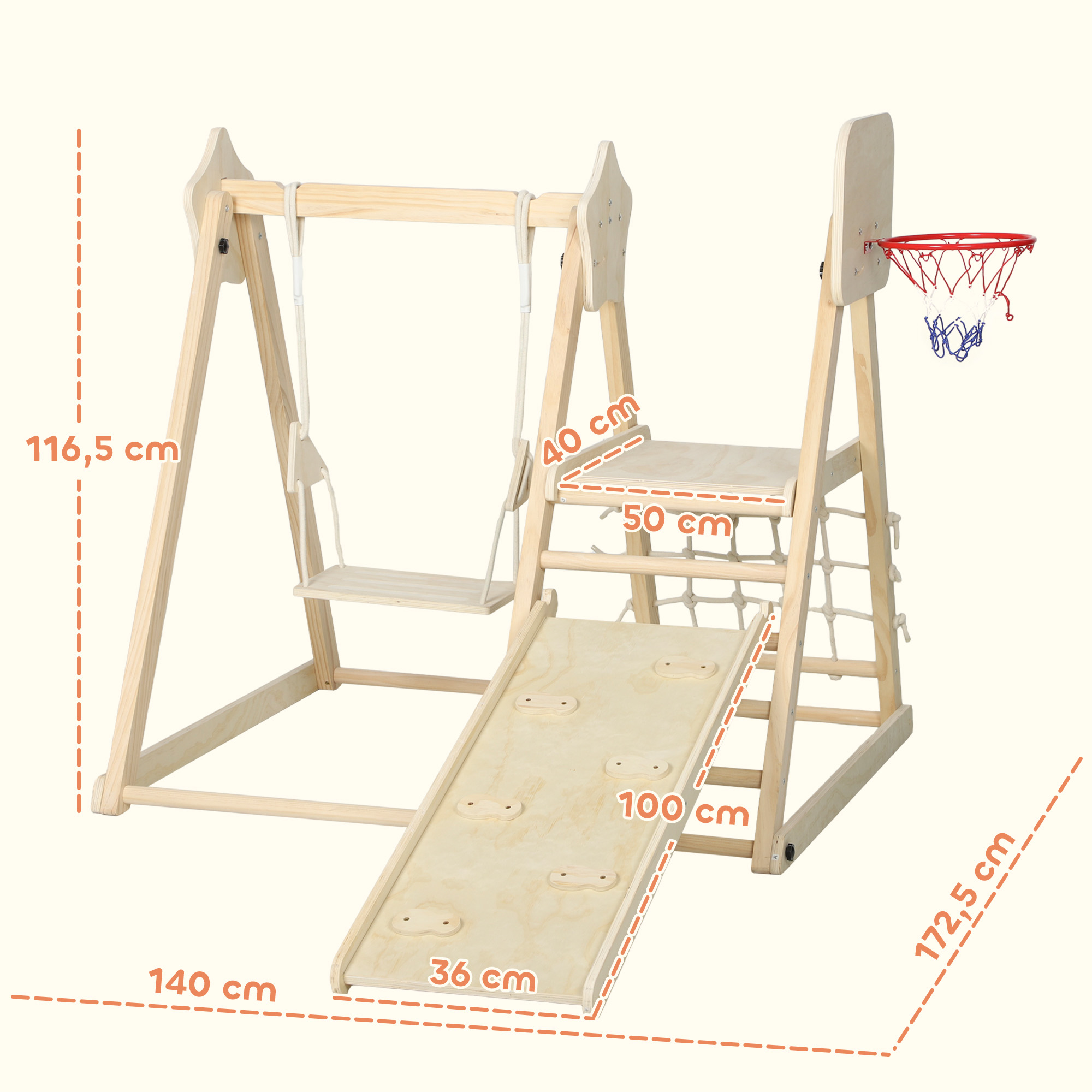 5-in-1 Indoor-Klettergerüst mit Rutsche, Schaukel, Kletternetz, Basketballkorb, klappbar, 3-6 Jahre, Naturholz