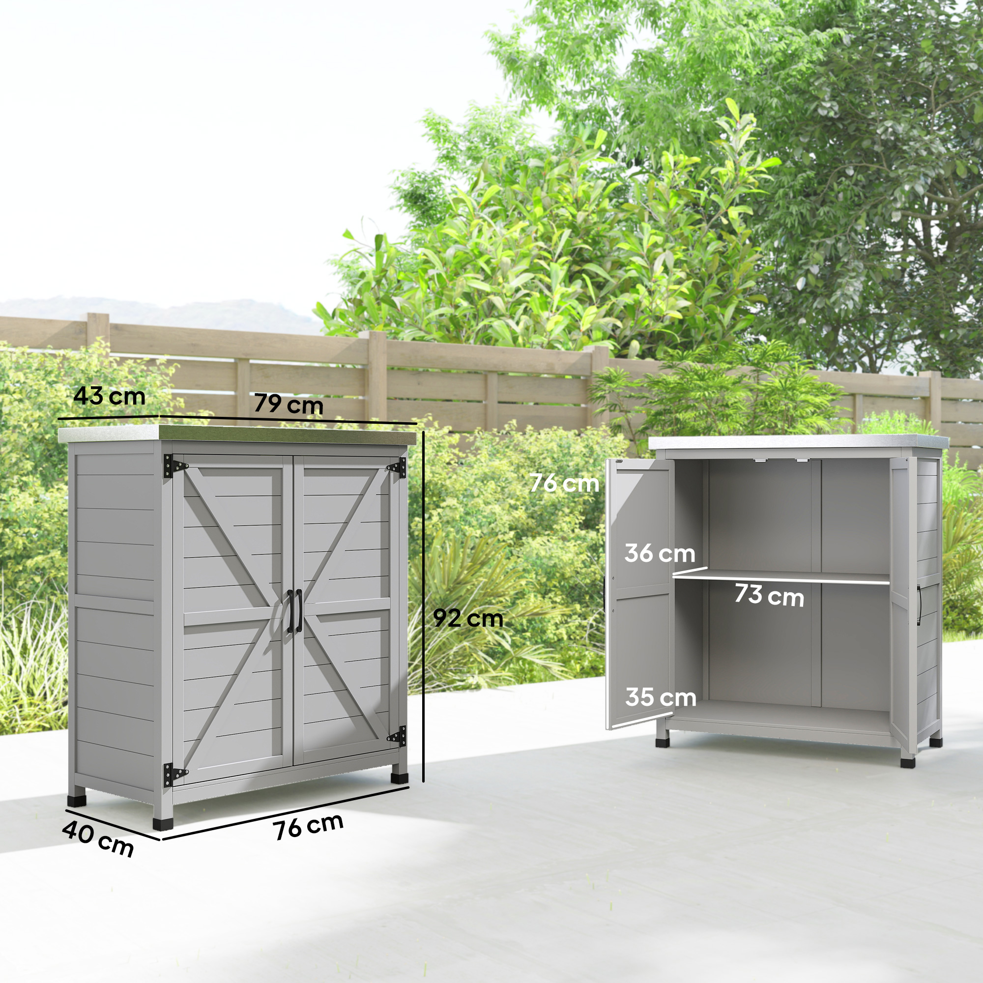 Gartenschrank, Außenschrank mit Arbeitsfläche, Werkzeugschrank, Massivholz, Stahl, 79B x 43T x 92H cm, Grau