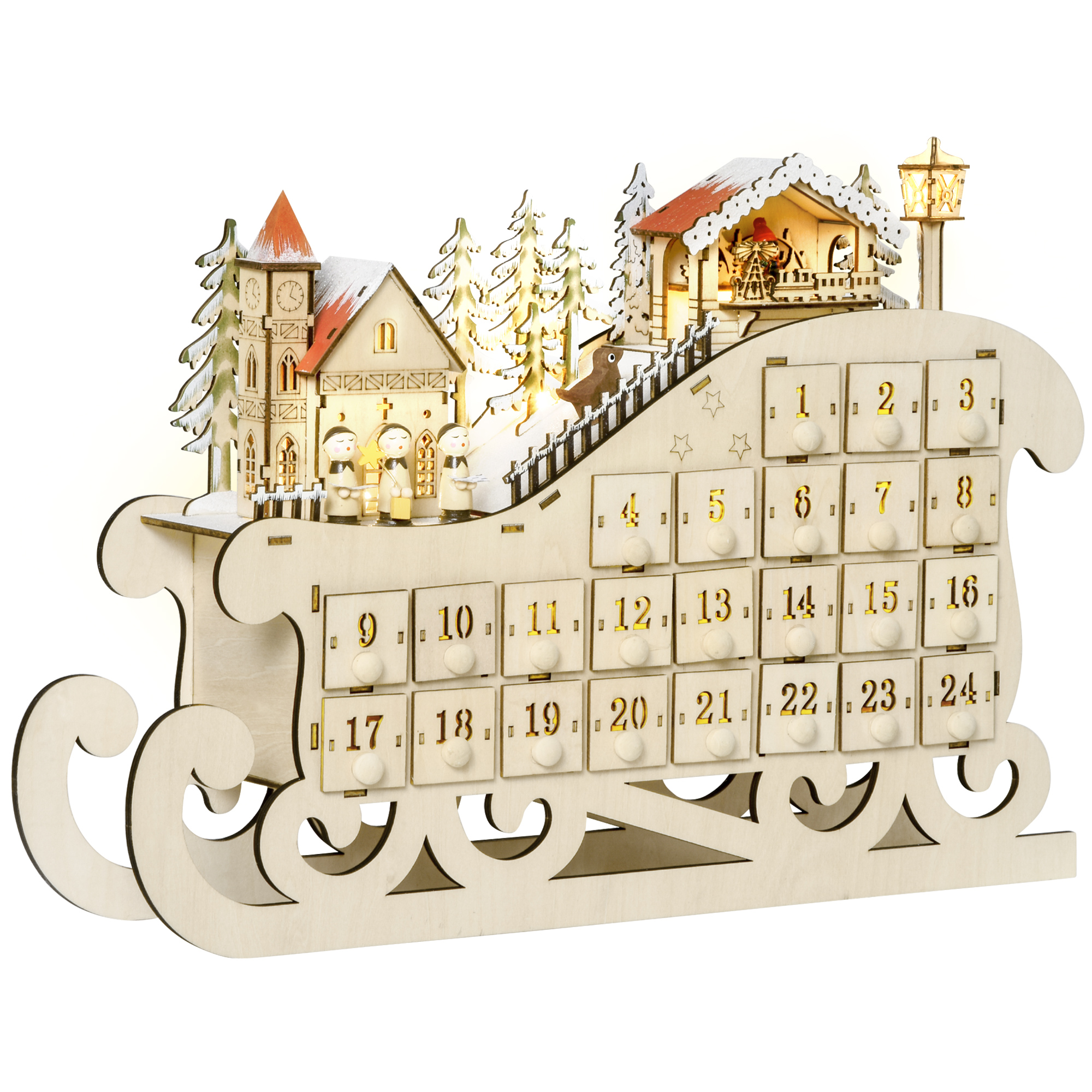 Adventskalender zum Befüllen 24 Schubladen Fächer Weihnachtskalender mit LED-Lichtern Schlitten-Form Adventskalenderbox Weihnachtsdekoration DIY Sperrholz-Platte Naturholz 45 x 10 x 31 cm