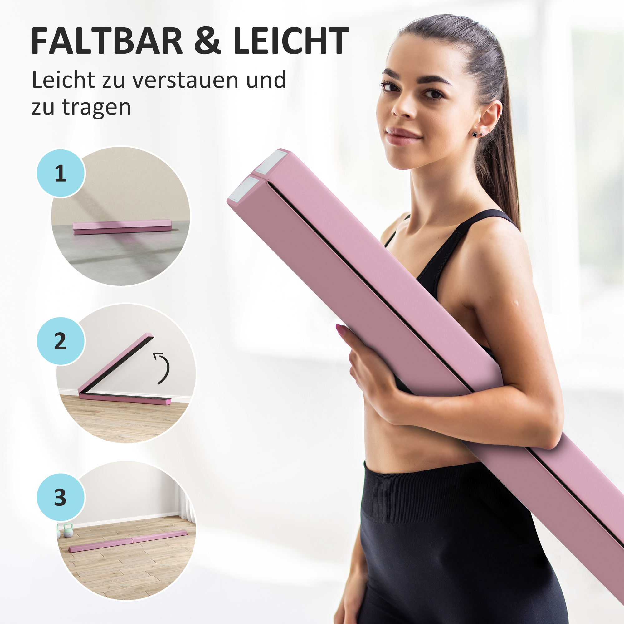 Schwebebalken 2,4 m, faltbar, rutschfester Boden, für 3+ Jahre, bis 80 kg, Rosa