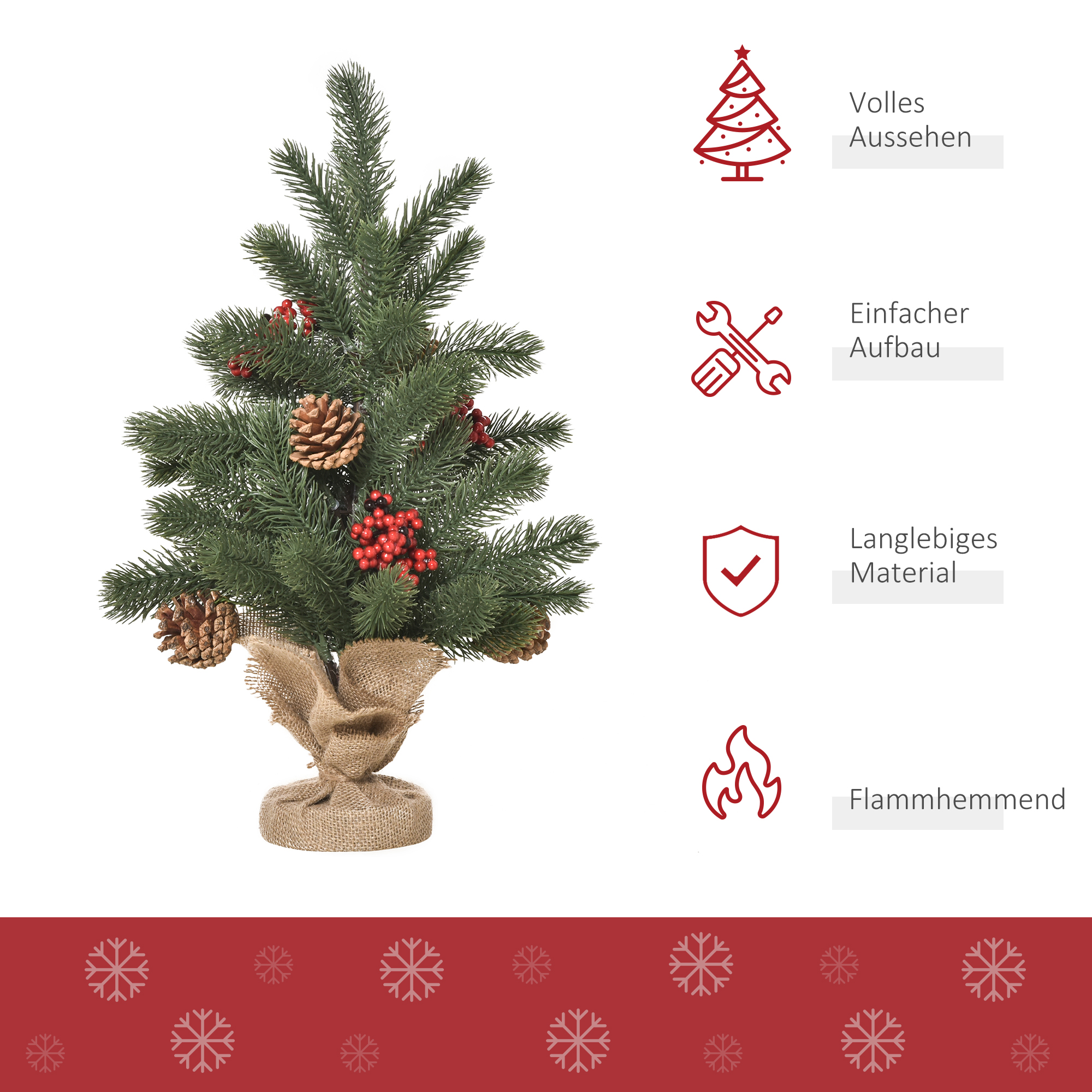 Mini-Weihnachtsbaum Weihnachtsdekoration, inkl. Schmuck, rote Beeren, 50 cm hoch, inkl. Zementsockel, Grün + Mehrfarbig