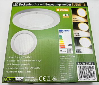 LED Deckenleuchte "BUTON" mit PIR-Sensor - Ø 23cm, 18W, 3000/4000/6000k