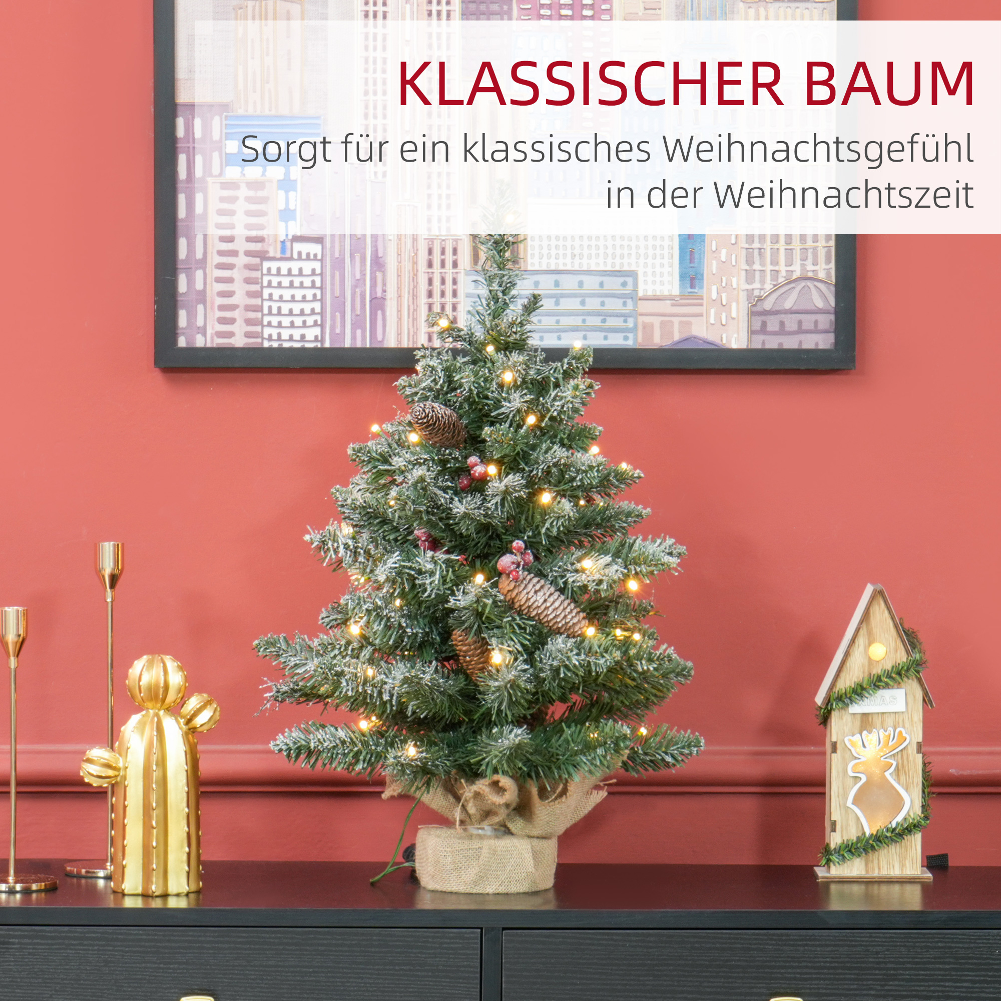 Weihnachtsbaum mit LED-Beleuchtung, 60 cm, Tannenzapfen und rote Beeren, inkl, Ständer, Grün/Weiß