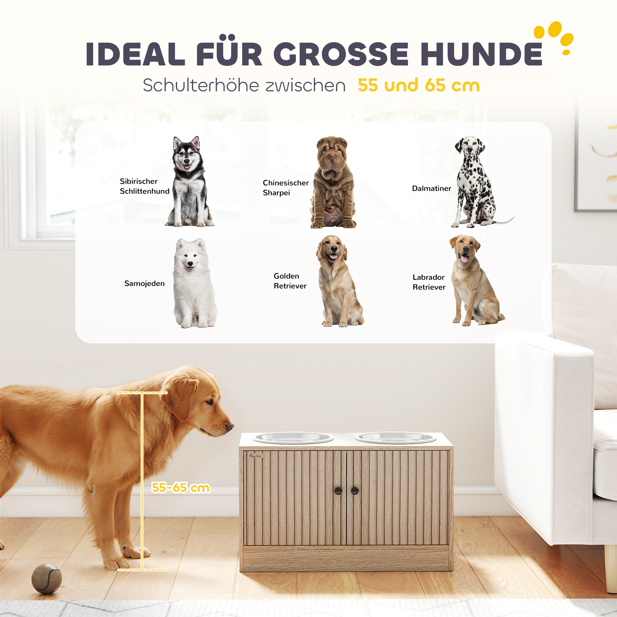Hundefutterstation mit 2 Edelstahl-Näpfen, Schrank für Utensilien, für große Hunde, Zubehör, Holz