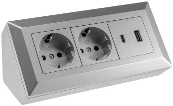 2-fach Steckdosenblock, USB-A+C, silber - 250V~/ 16A, Aufbaumontage, USB 3,1A, PD