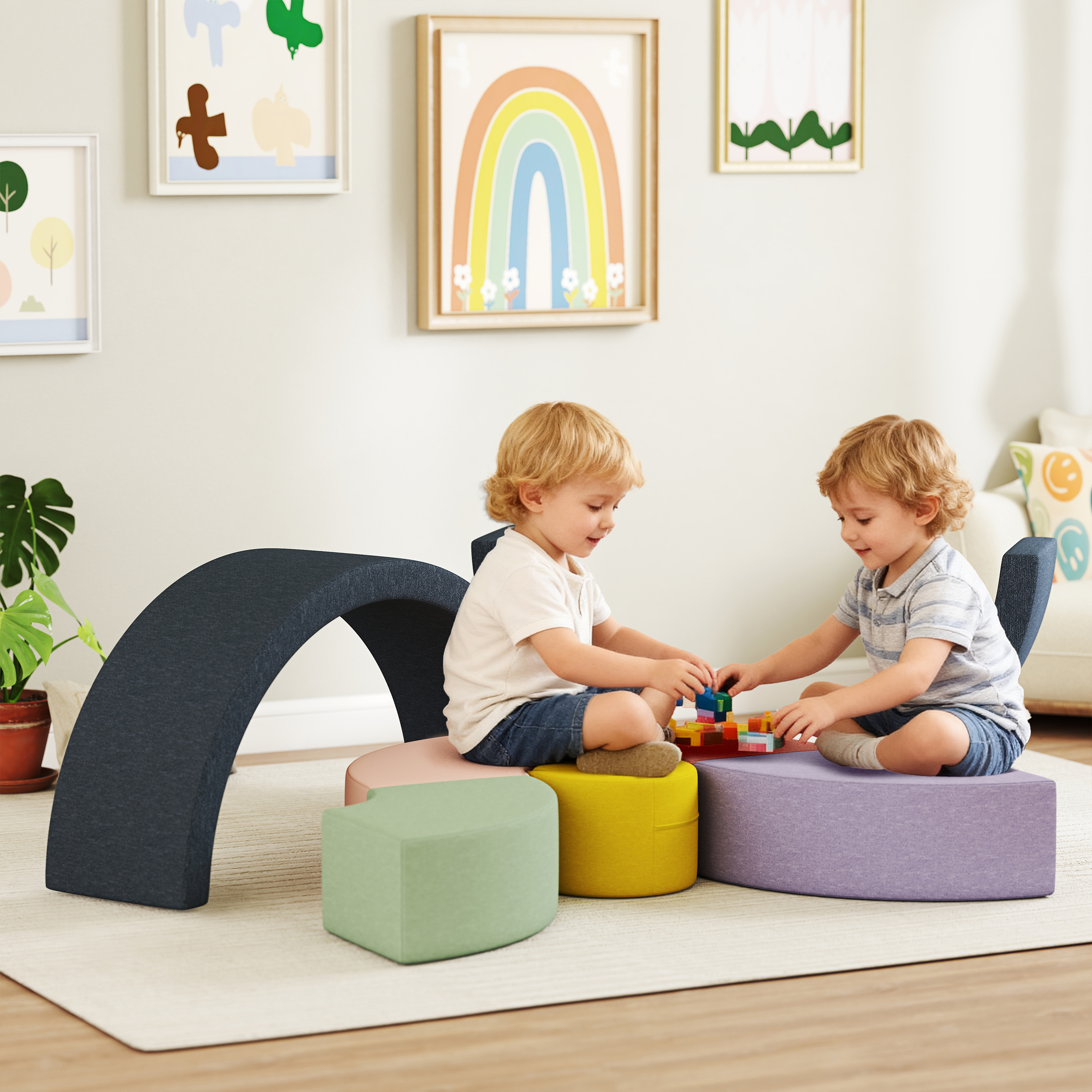 7-teiliges Weichbauklötze-Set für Kleinkinder, Schaumstoff, waschbarer Cordbezug, verschiedene Formen, Bunt