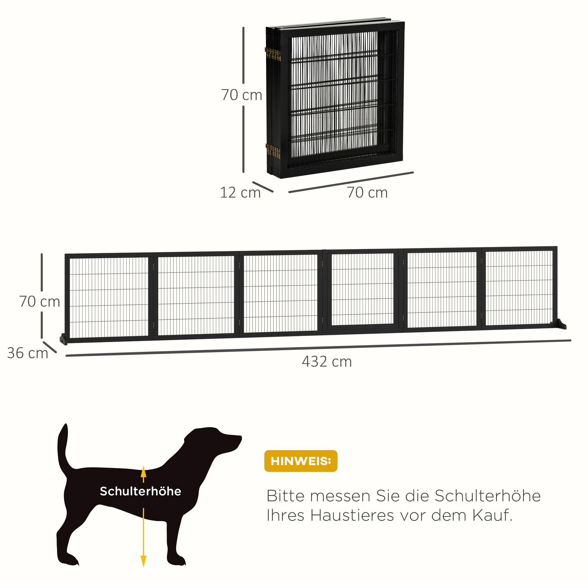Absperrgitter für Hunde klappbar 432 x 36 x 70cm Kiefernholz Schwarz