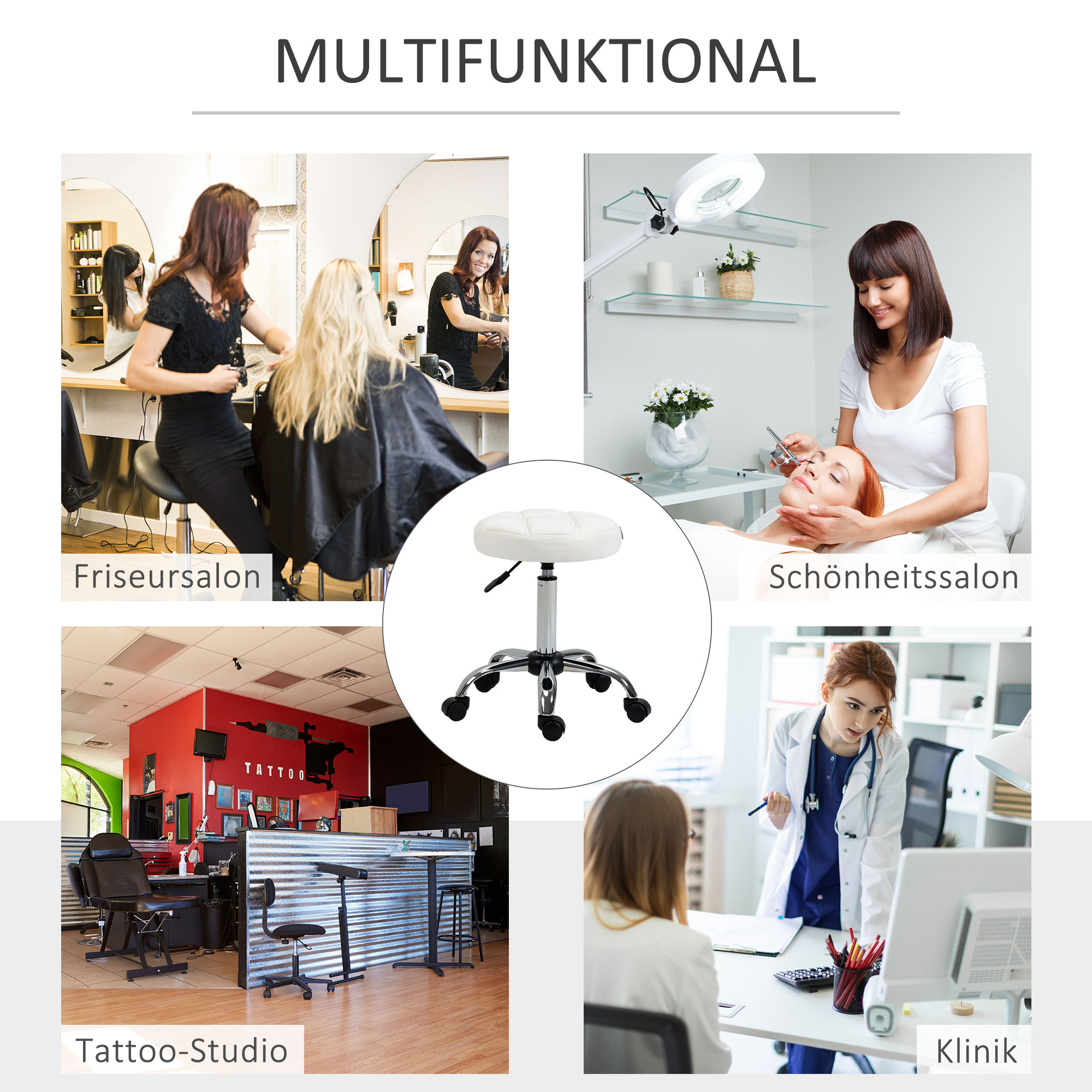 Drehhocker, Salonhocker, höhenverstellbar, Kunstleder, Steppdesign, Ø35,5 x 48-63 cm, Weiß/Silber