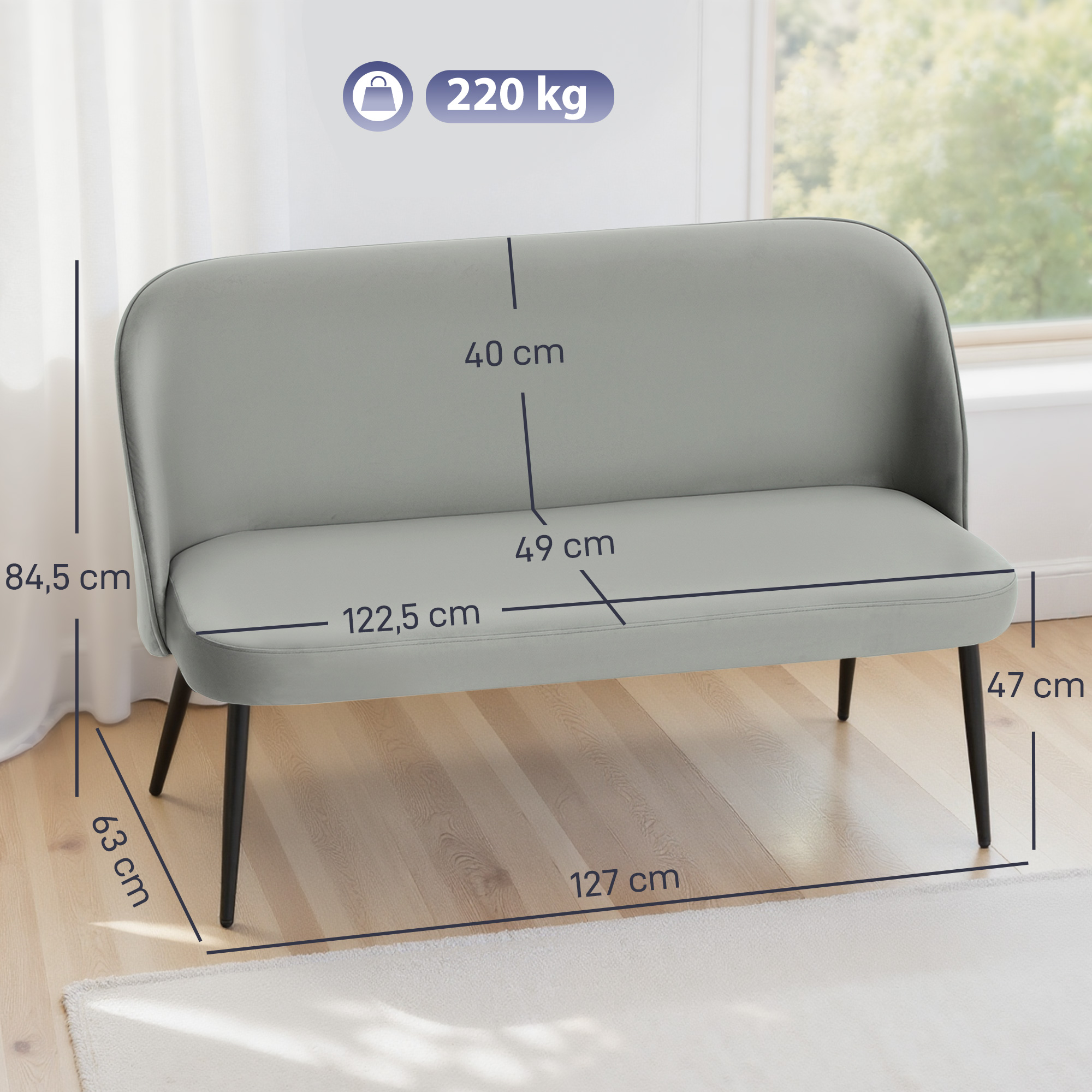 2-Sitzer-Sofa, moderne Polstercouch mit Metall- und Holzrahmen, samtartiger Stoffbezug, Grau