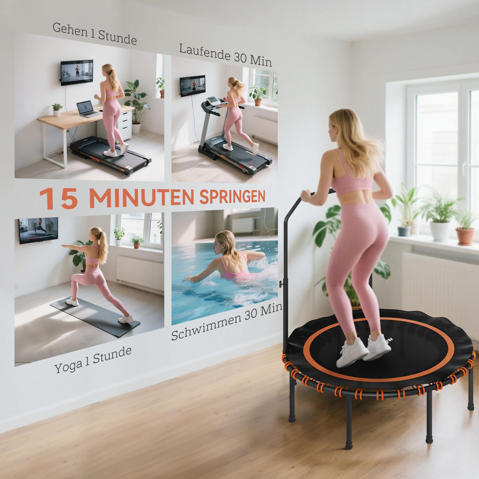 Fitness-Trampolin mit verstellbarem Handlauf, Sport-Trampolin für drinnen und draußen, Stahl, Kunststoff, Orange