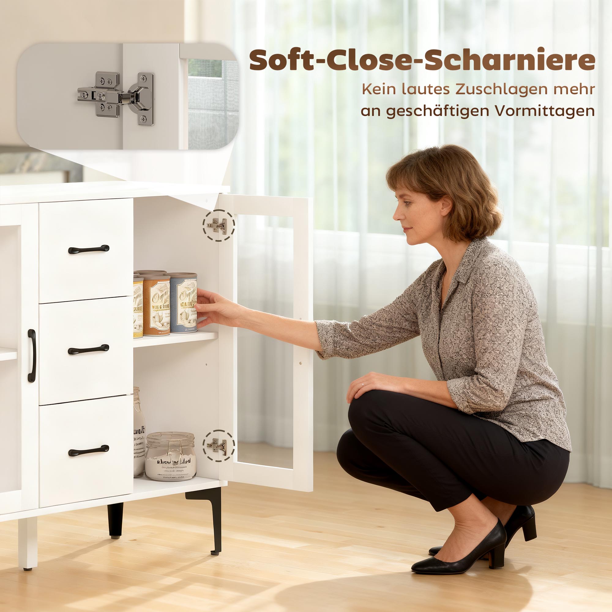 modernes Sideboard mit Soft-Close-Türen, Buffetschrank mit 3 Schubladen, 2 Glastüren, verstellbare Regale, MDF, Weiß