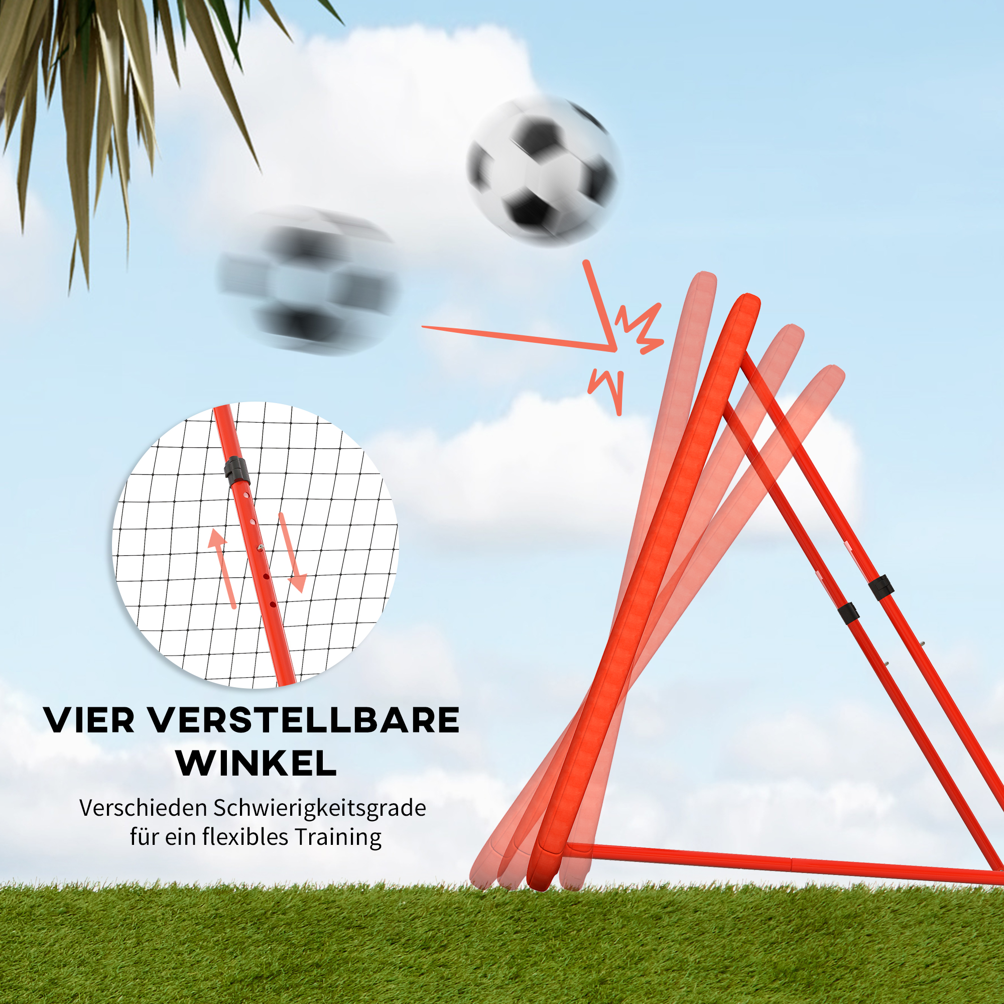 Fußball-Rückprallnetz, verstellbar, faltbar, Metallrahmen, Allwetter-PE-Netz, inkl. Heringe, Rot