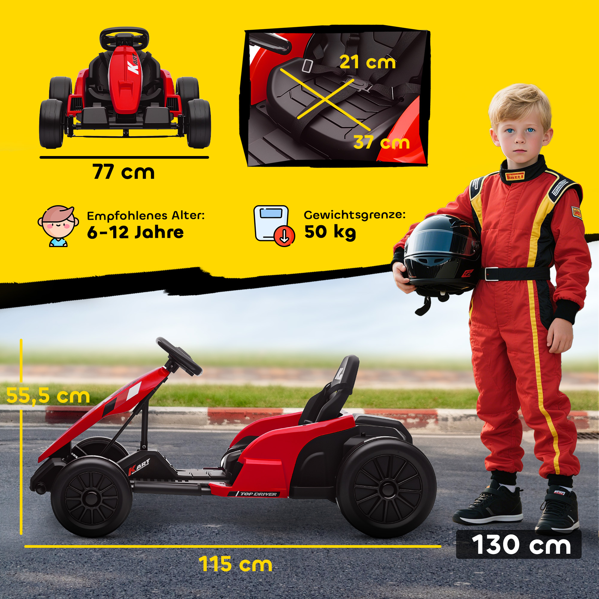24V elektrisches Go-Kart, Drift-Modus, verstellbarer Sitz, 5-Punkt-Sicherheitsgurt, Musikfunktion, Hupe, 6-12 Jahre Rot