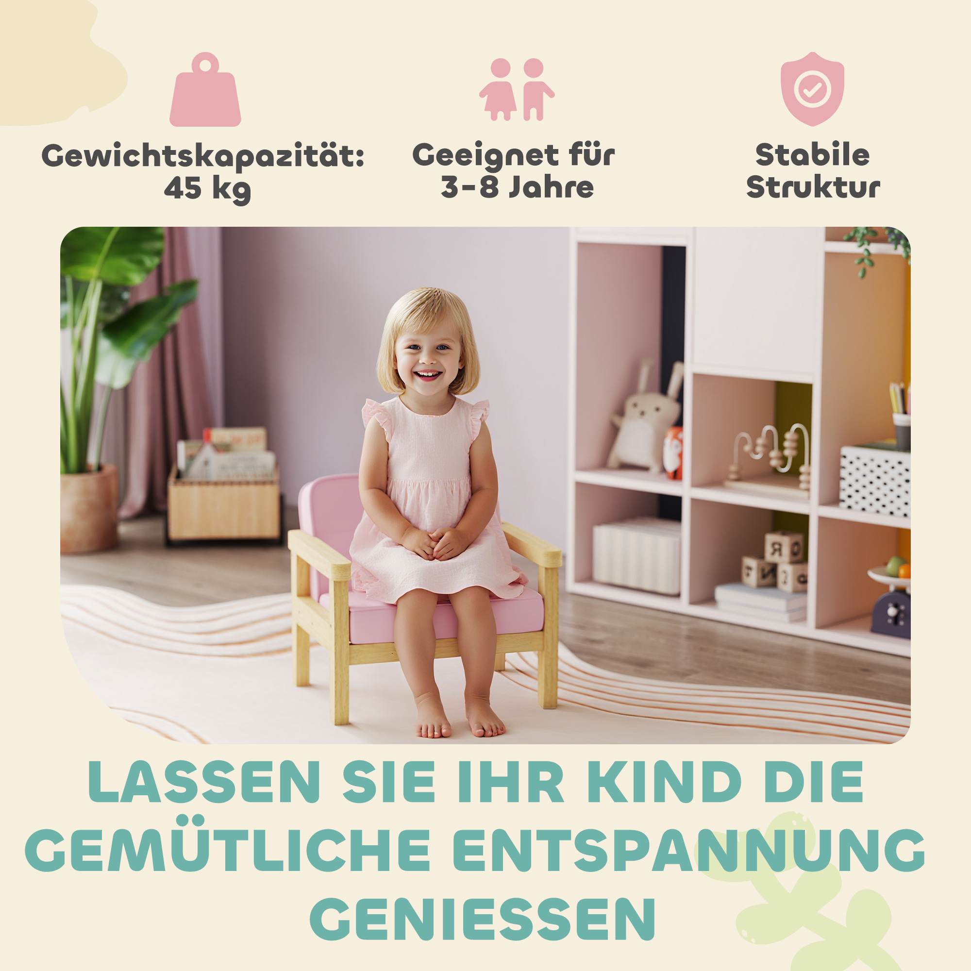 Kindersessel Kindersofa mit Kord-Optik, massiven Holzfüßen Sessel aus Schaumstoff Kinderstuhl für Kinderzimmer, Spielzimmer, 46,5 x 44 x 45 cm, für Kinder 3-8 Jahre Rosa