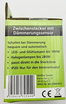 Zwischenstecker mit Dämmerungssensor - 230V, max. 280W