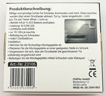 LED Schrankleuchte, 4er-Set - Batteriebetrieb, Drucksensor für Türen