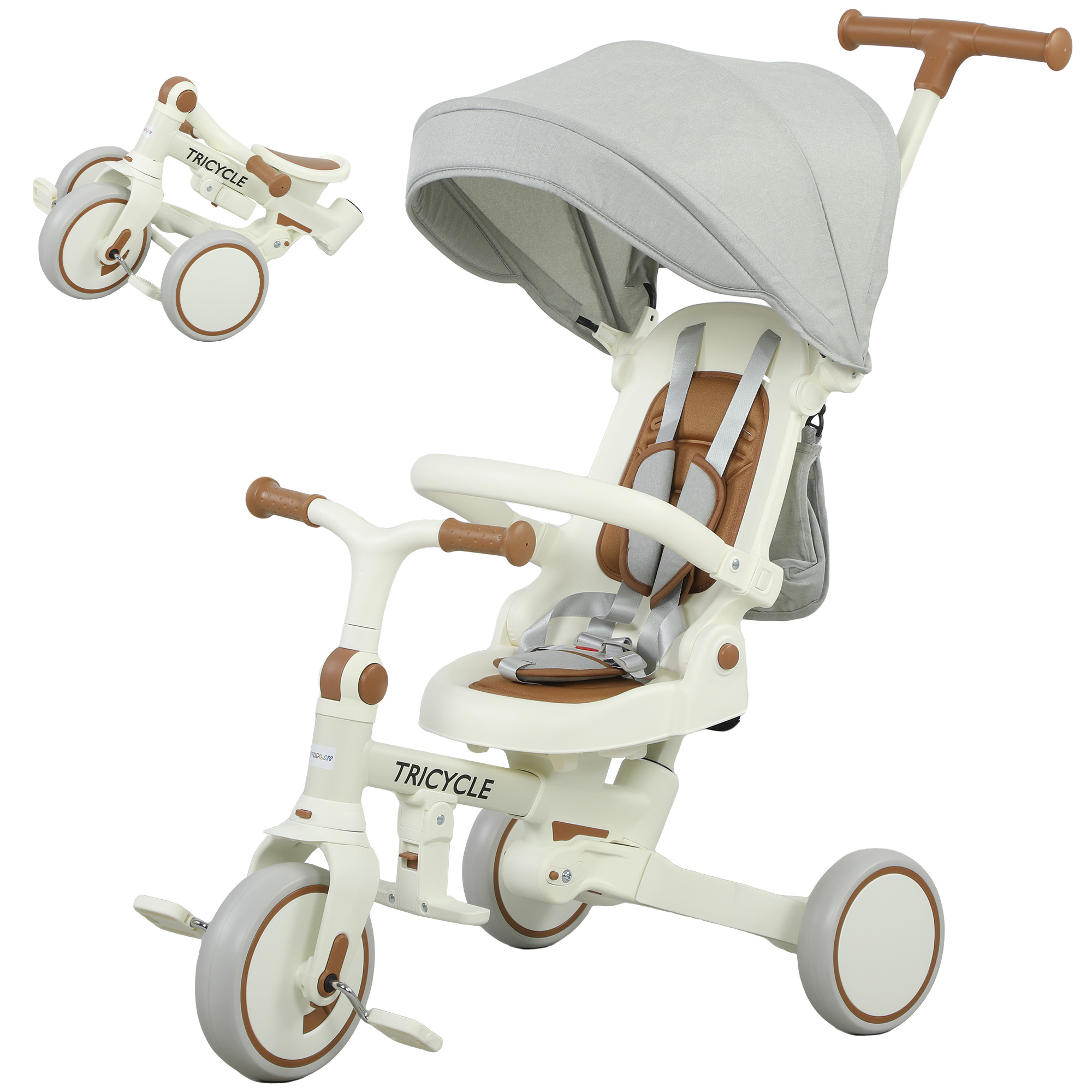 Kinder-Dreirad, wandelbarer Baby-Buggy, 5-in-1 Design, abnehmbarer Schiebegriff, verstellbar, Sicherheitsgurt, Aufbewahrungstasche, 1-3 Jahre, Cremeweiß