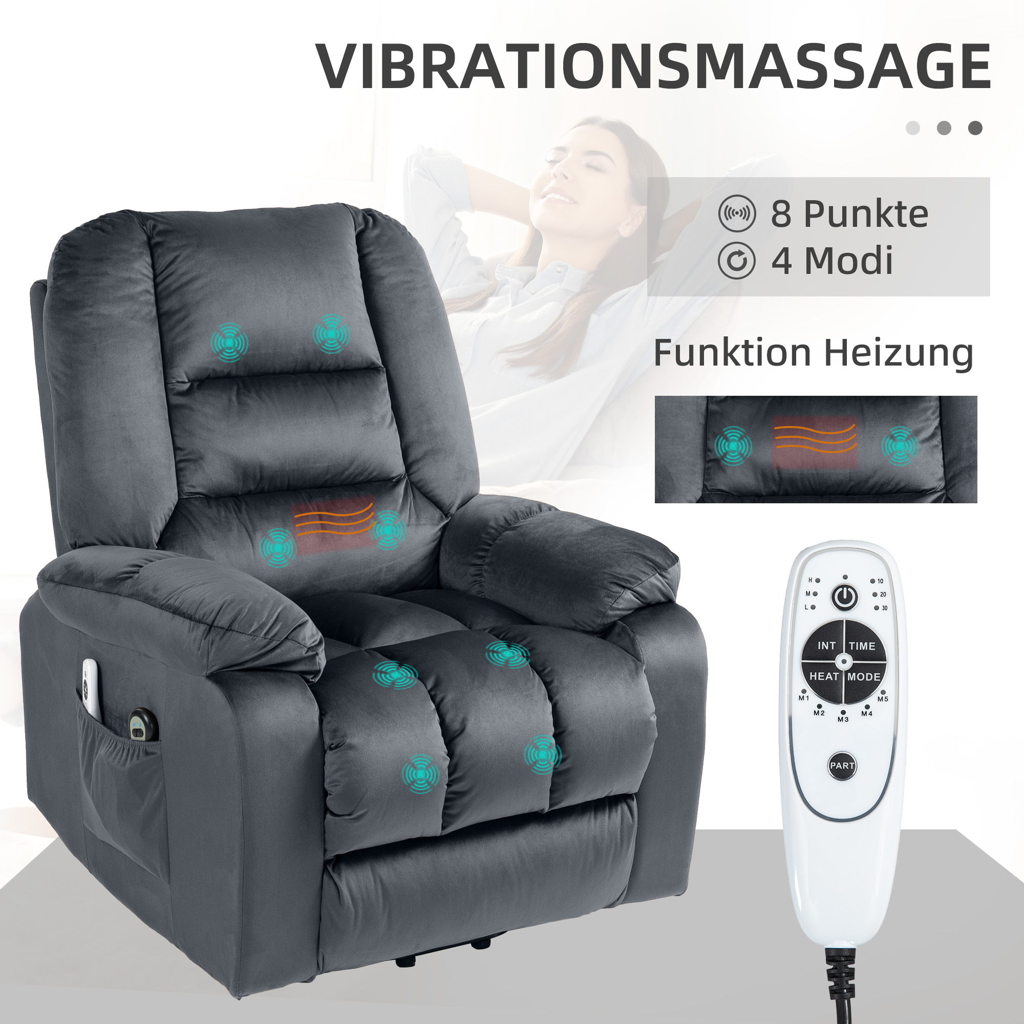 Massagesessel Aufstehhilfe Seniorensessel Relaxsessel, 8 Massagepunkte, 2 Seitentaschen, 85 cm x 94 cm x 107cm, Grau