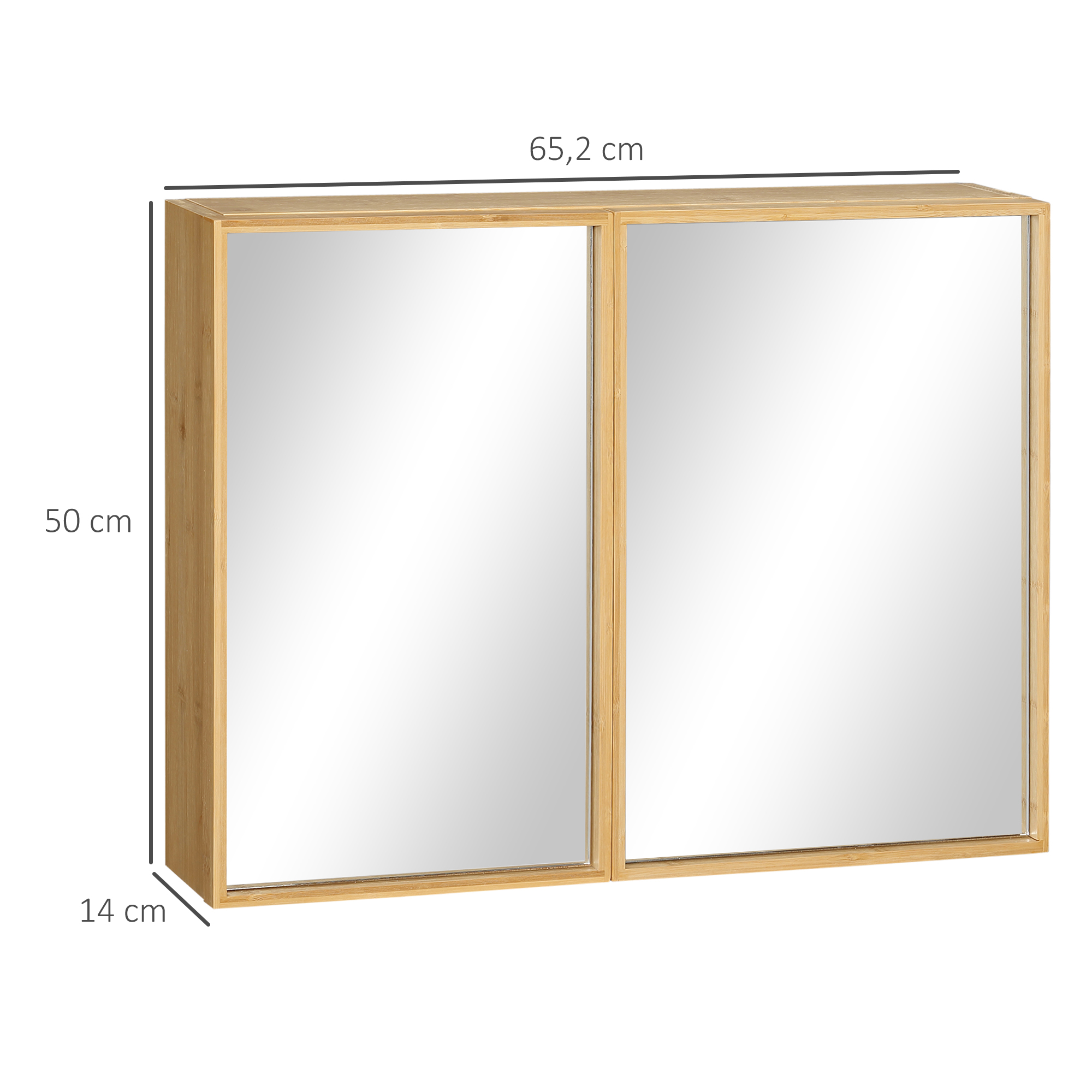 Badschrank mit Spiegeltüren, mehrere Innenfächer, robustes Gehäuse aus Bambusholz, 65,2 x 14 x 50 cm